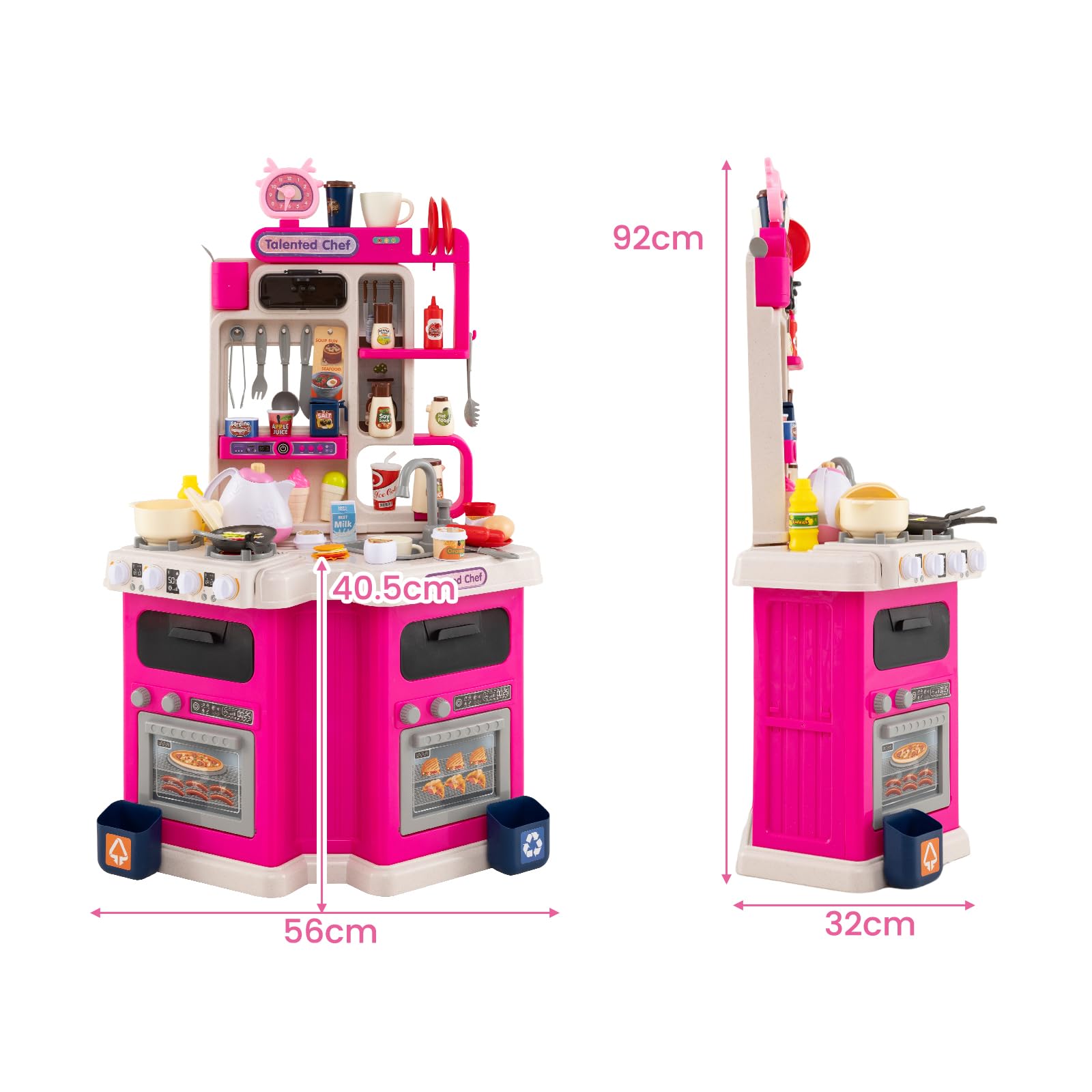 HOMASIS Cocina de Juguete con Sonidos y Luces, Juego de rol de Cocina con 75 Piezas, Agua al Vapor, Grifo con Agua y Fregadero, para Niños a Partir de 3 Años (Rosa)