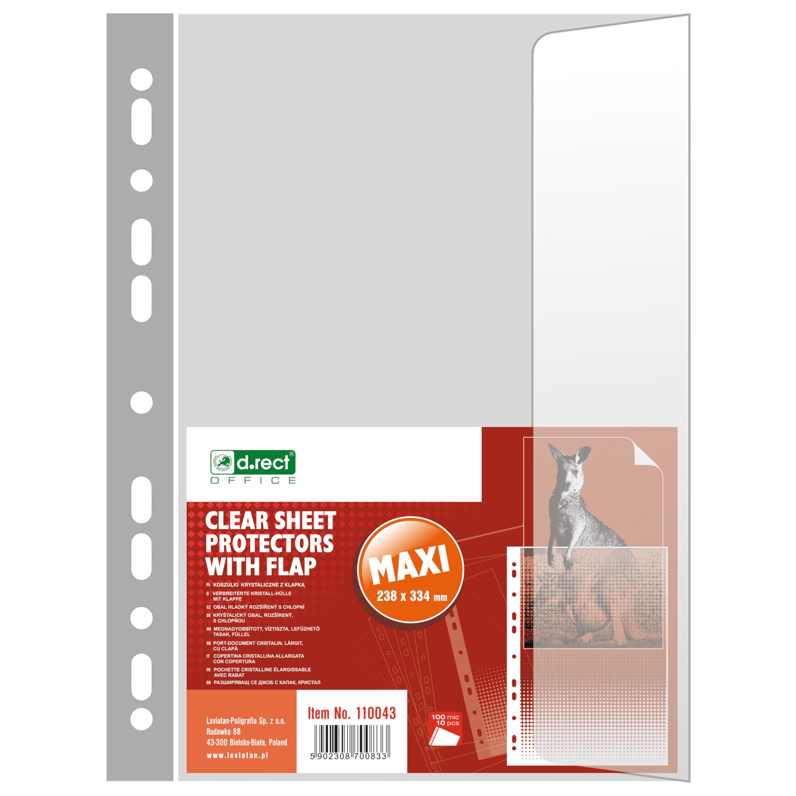 D.RECT 10 Piece Plastic Sleeves with Flap, 100 µm, A4, Crystal Clear, Practical Storage for Documents