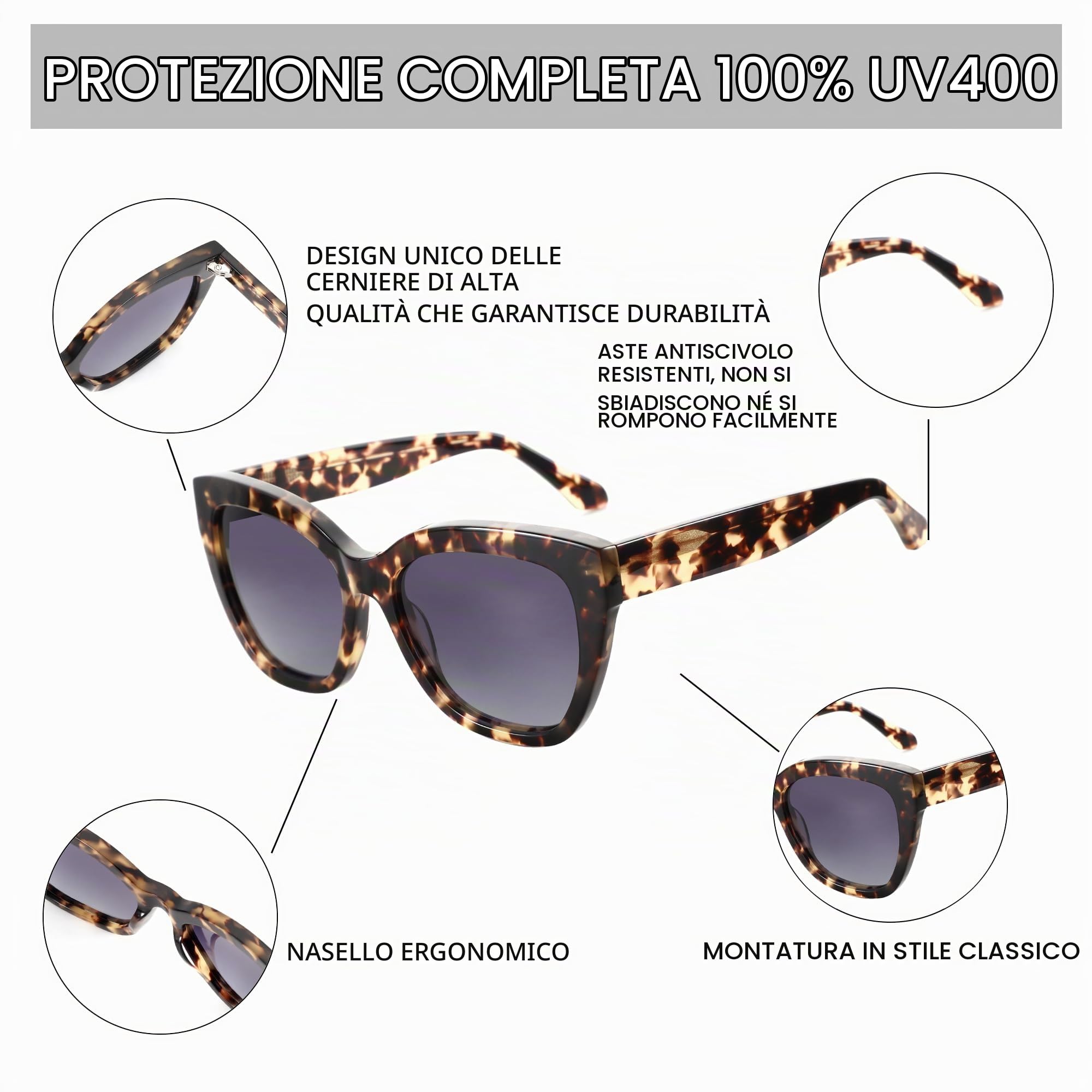ZENOTTIC Occhiali da Sole Polarizzati Cat-Eye Donna : Oversize Protezione UV400 Quadrati Retrò