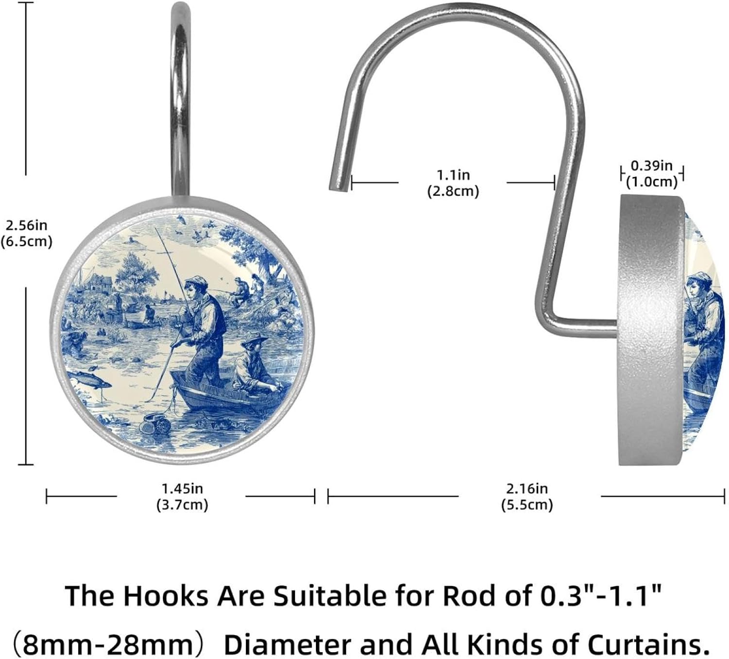 Set of 12 Scenes of Fishing in Toile de Jouy Style Shower Curtain Hooks Rings, Double Glide Shower Hooks for Bathroom Shower Rods Curtains