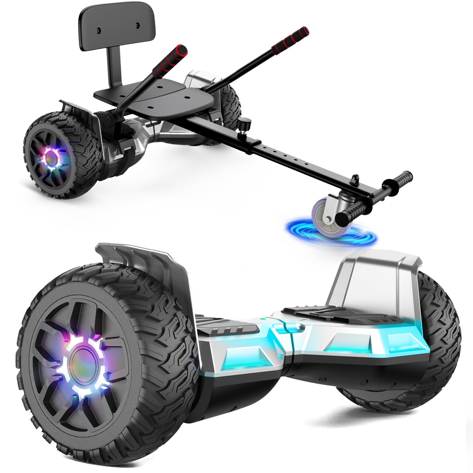 Hoverboard with Seat, deskorolka elektryczna All-Terrain z hoverkart, 8,5 cala gokart z samobalansującą hulajnogą, off-road hoverboard z głośnikiem Bluetooth, LED, prezent dla dzieci