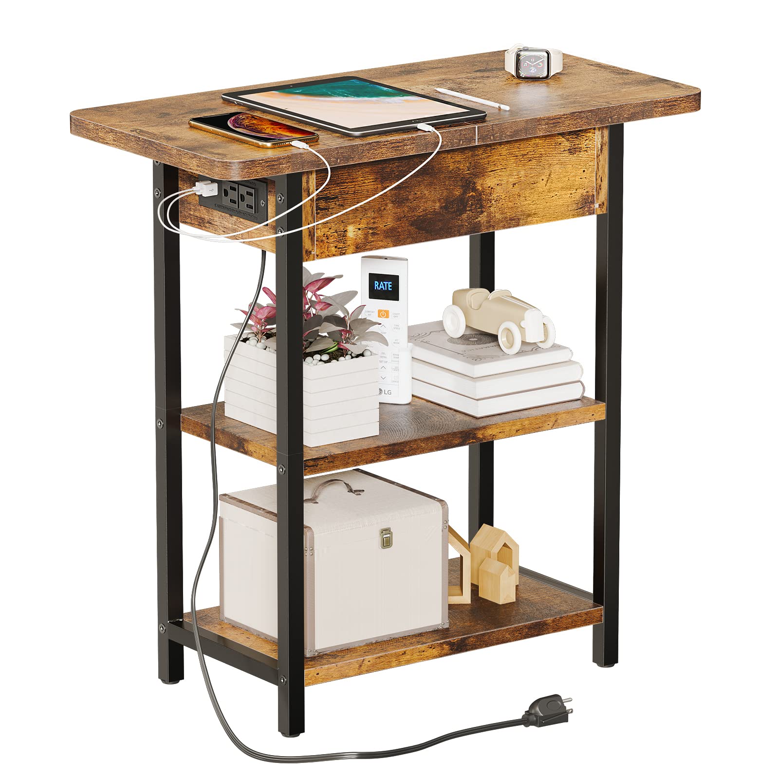 End Table with Charging Station, Narrow Side Table with USB Ports and