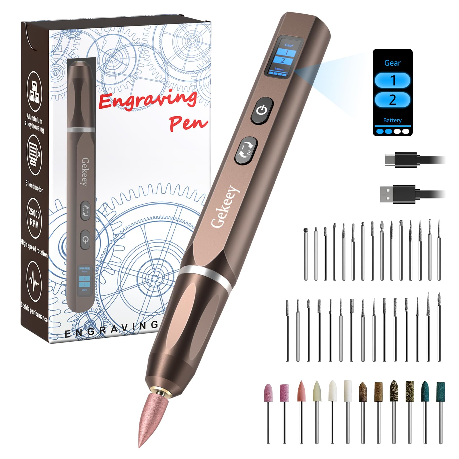Electric Engraving Pen, Cordless Rechargeable Mini Rotary Tool with 42 Bits, Aluminum Body, Variable Speed, Portable Engraver Pen for Metal Wood Glass and Plastic, Brown-image-26