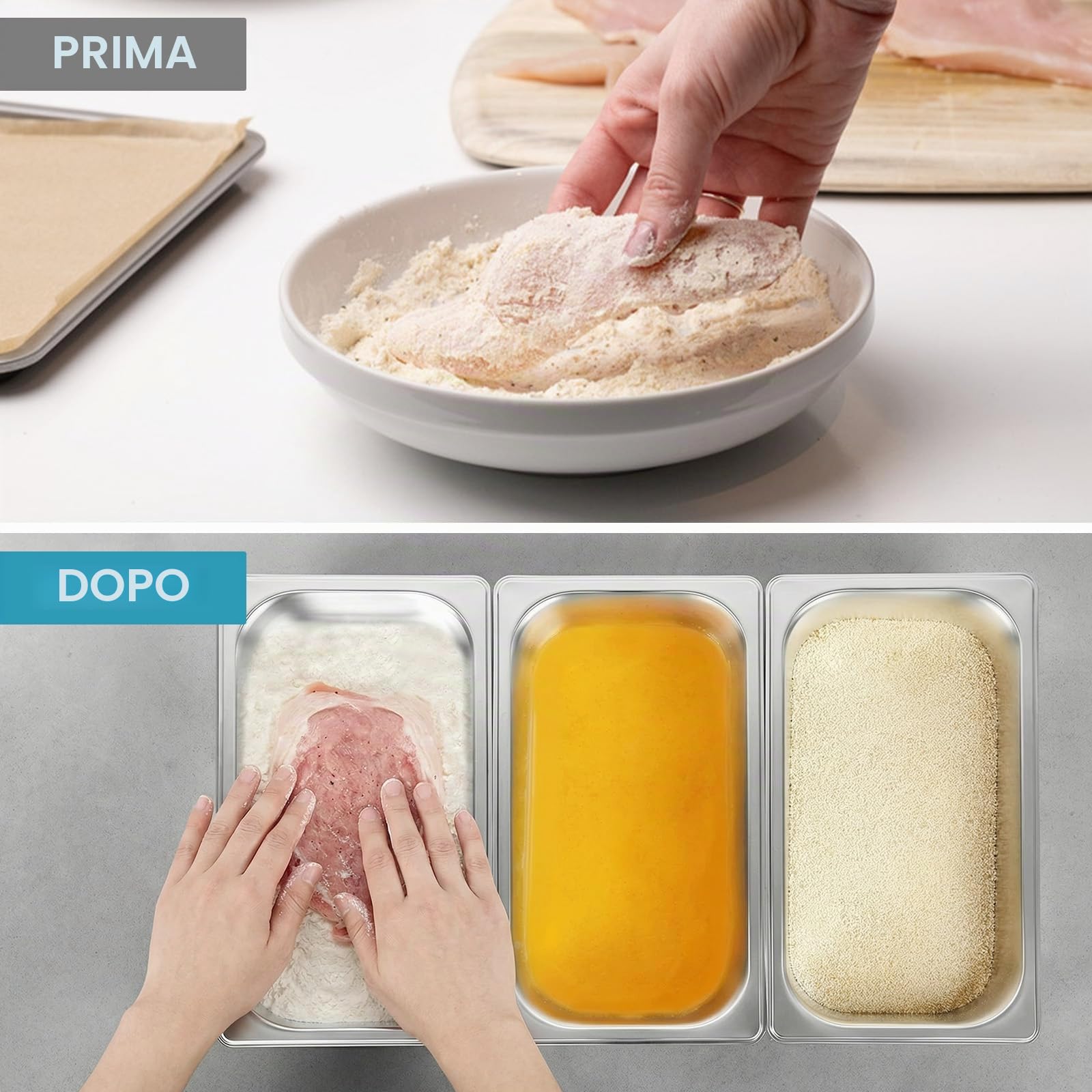 Set di 3 vaschette per impanare, set per impanare in acciaio inossidabile 32,5 x 17,5 x 6,5 cm facili da pulire, impilabili Vaschette per impanare carne, pesce e verdure