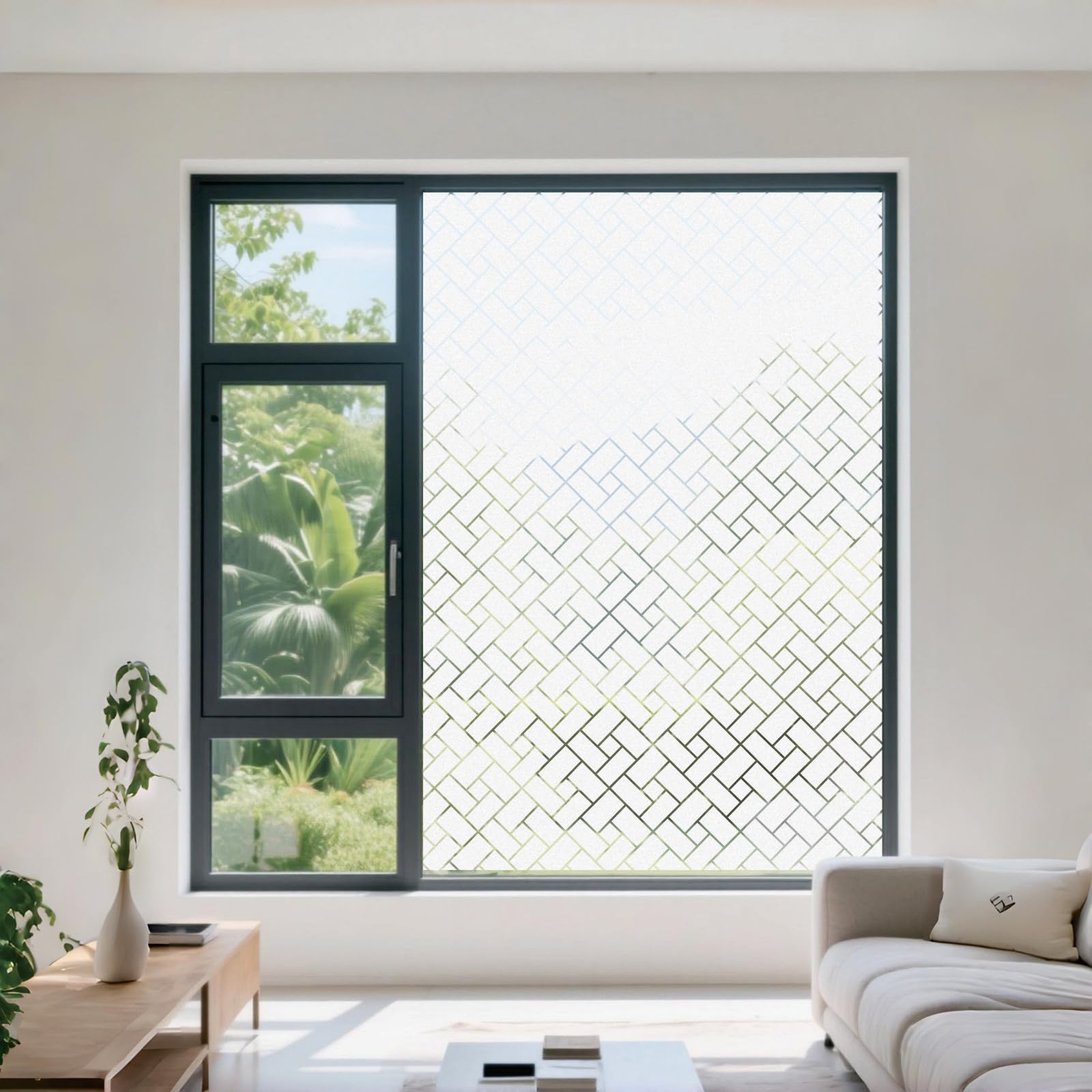 Privacy Window Film 55 x 240 cm Blocks UV Static Cling No Glue Removable Heat Cotrol, Privacy Protection, Thermal Window Vinyl Glass Covering Film for Home Office, Oblique Grid