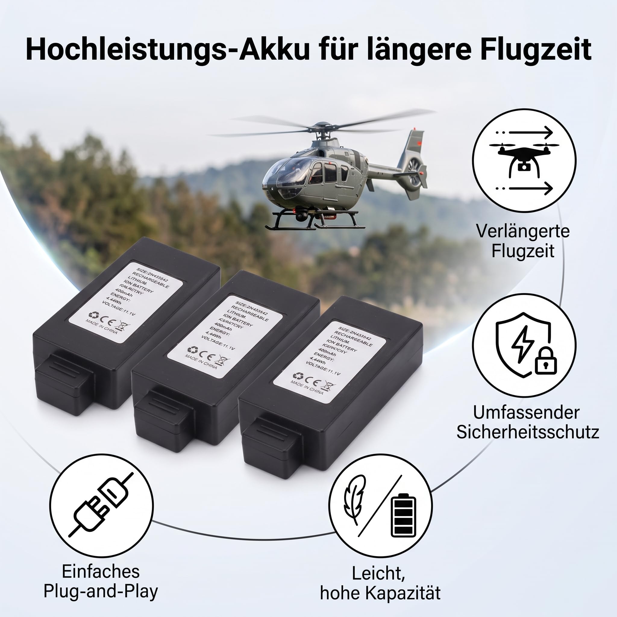 Wiederaufladbarer 11,1V 400mAh RC-Hubschrauber-Akku, RC ERA C123 EC135 Ferngesteuerte Hubschrauber mit Überladeschutz, Tiefentladeschutz, Überstromschutz, Kurzschlussschutz (3 Stück)