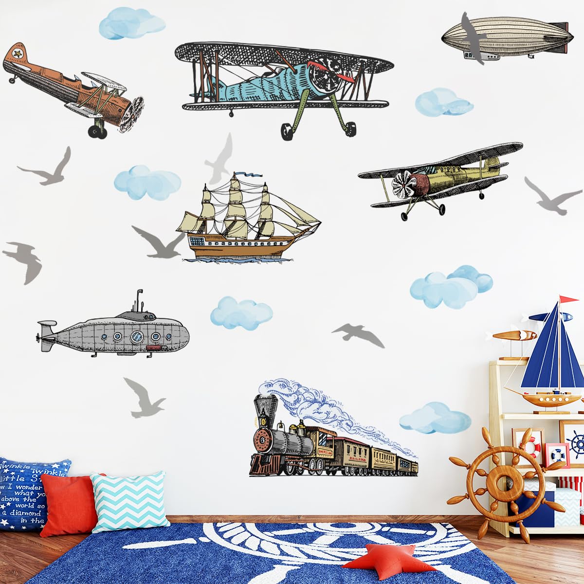 Runtoo Large Airplane Wall Decals for Boys Room Train Transportation Vehicles Vintage Wall Stickers Baby Nursery Kids Bedroom Wall Decor