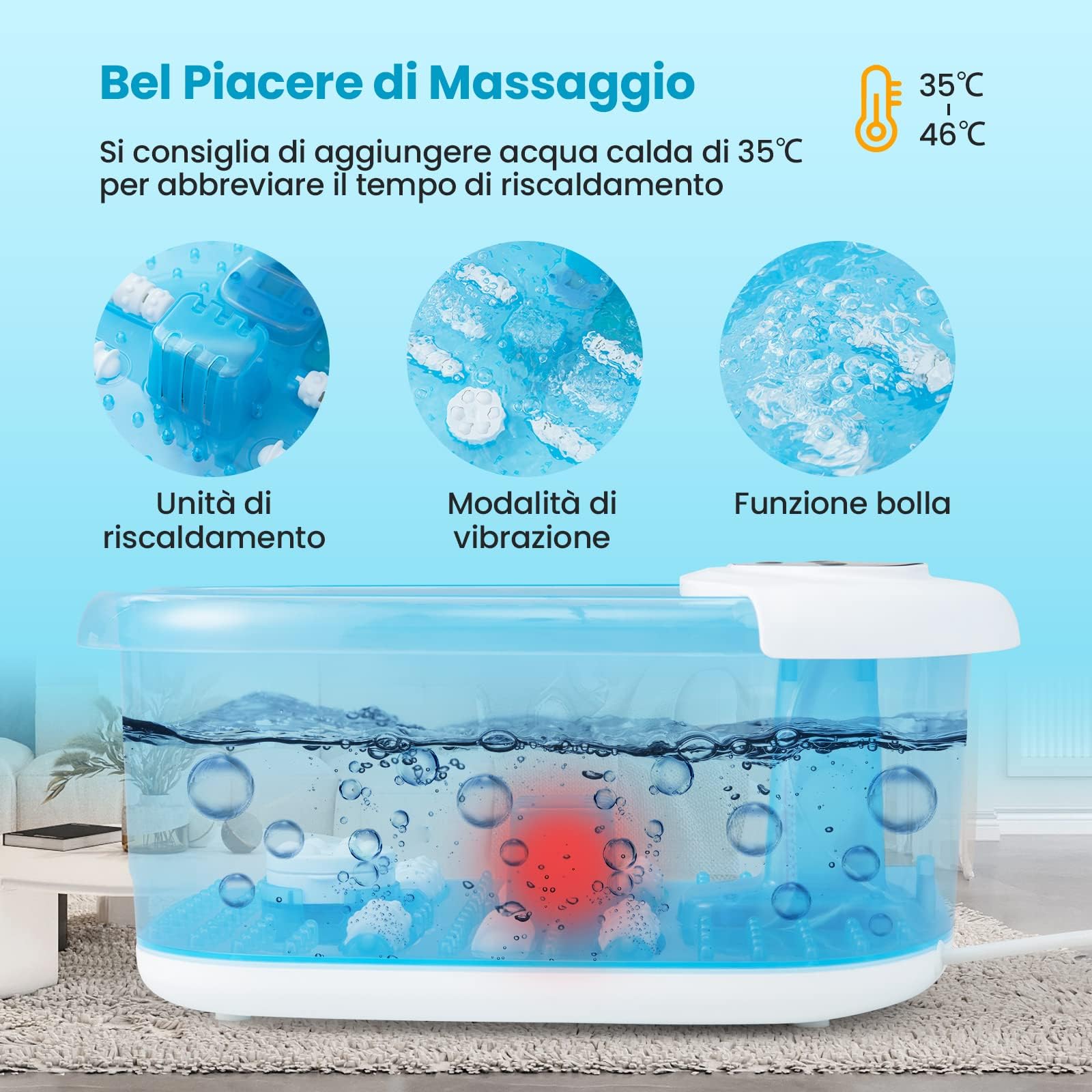COSTWAY Pediluvio Massaggiatore per Piedi, Idromassaggiatore Plantare con Funzione Riscaldamento Bolle, Spegnimento Automatico, Pietra Esfoliante e Rulli Massaggianti, 33x39x18 cm (Blu)