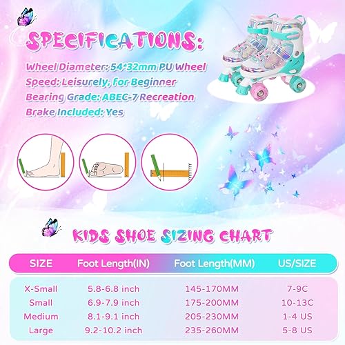 Miniatura 10 de MammyGol Patines de ruedas para niñas y niños, 4 tamaños ajustables de arco iris, patines cuádruples con todas las ruedas iluminadas para niños