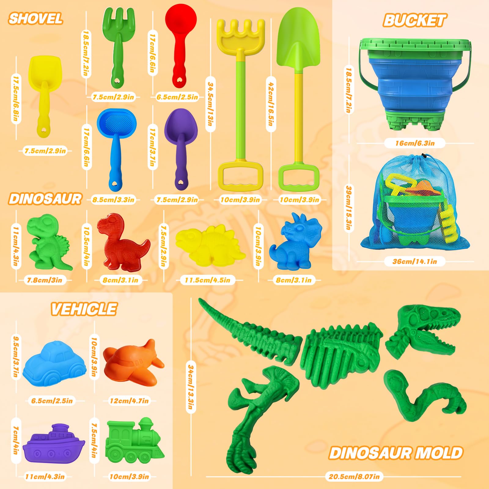 Beach Toys, Sandbox Toys 22Pcs Kids Sand Play Set, Dinosaur Molds with Shovels, Rakes & Collapsible Buckets, Soft Plastic Summer Outdoor Travel Toys for Toddlers Boys & Girls, Ideal - 2