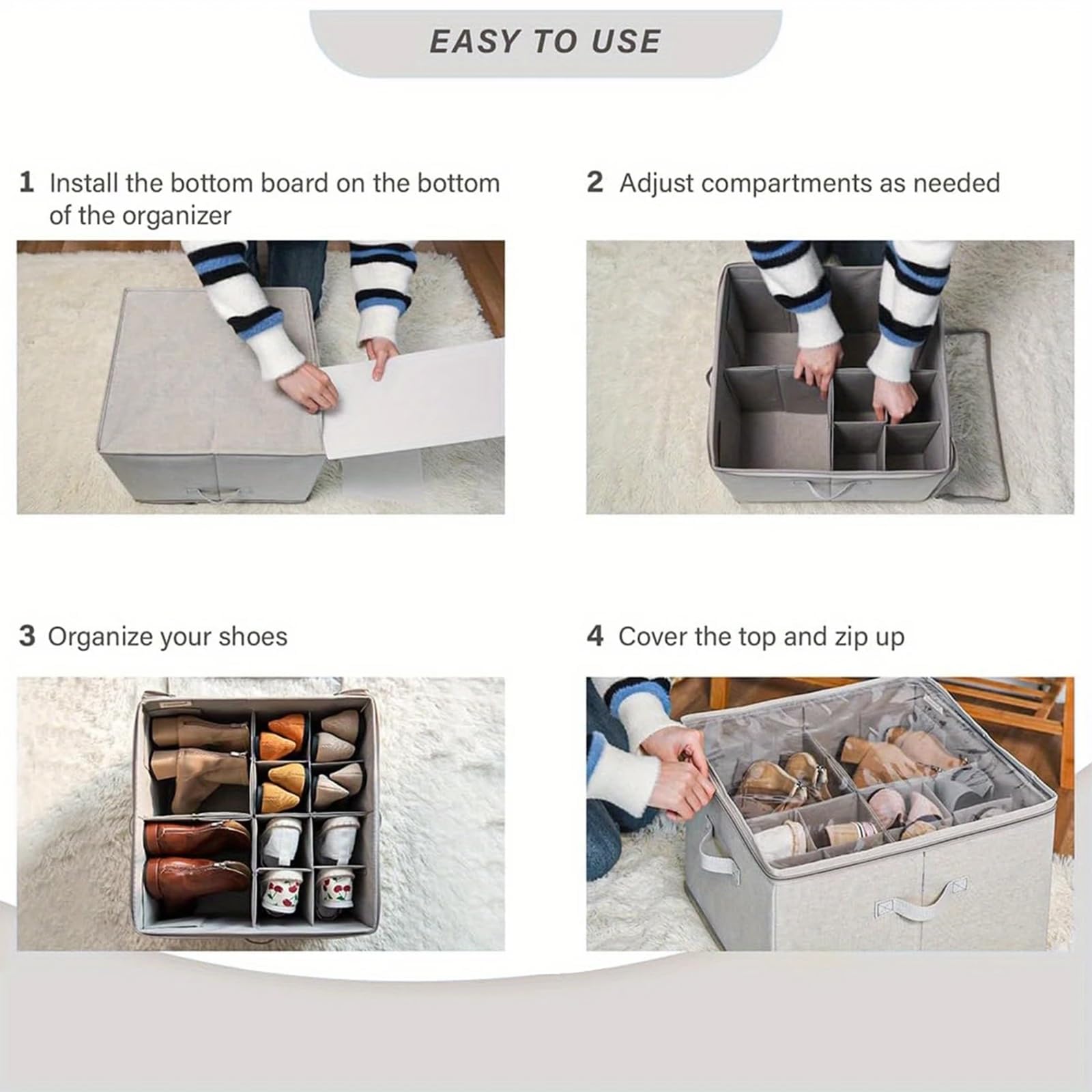 Emboadlie, organizer per scarpe in tessuto, 2025, per fino a 16 paia, contenitore per scarpe, con divisori regolabili e copertura trasparente (grigio)