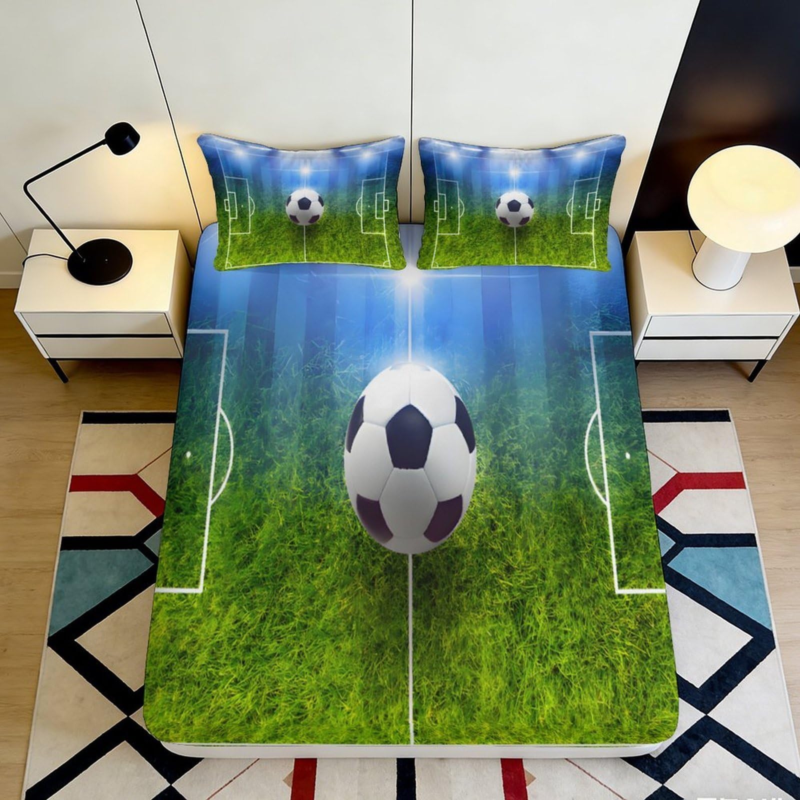3D Printed Football Field Fitted Sheet Microfiber Soft Comfortable Soccer Ball Bed Cover for Bedroom Dormitory Guest Room Mattress Protection 120x200x25cm