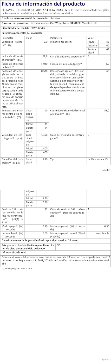 Siemens WM14VMS2 iQ700 Lavatrice / 9 kg/A+++ / 1400 giri/min/Programma per esterni/funzione varioSpeed/funzione di ricarica/aquaStop