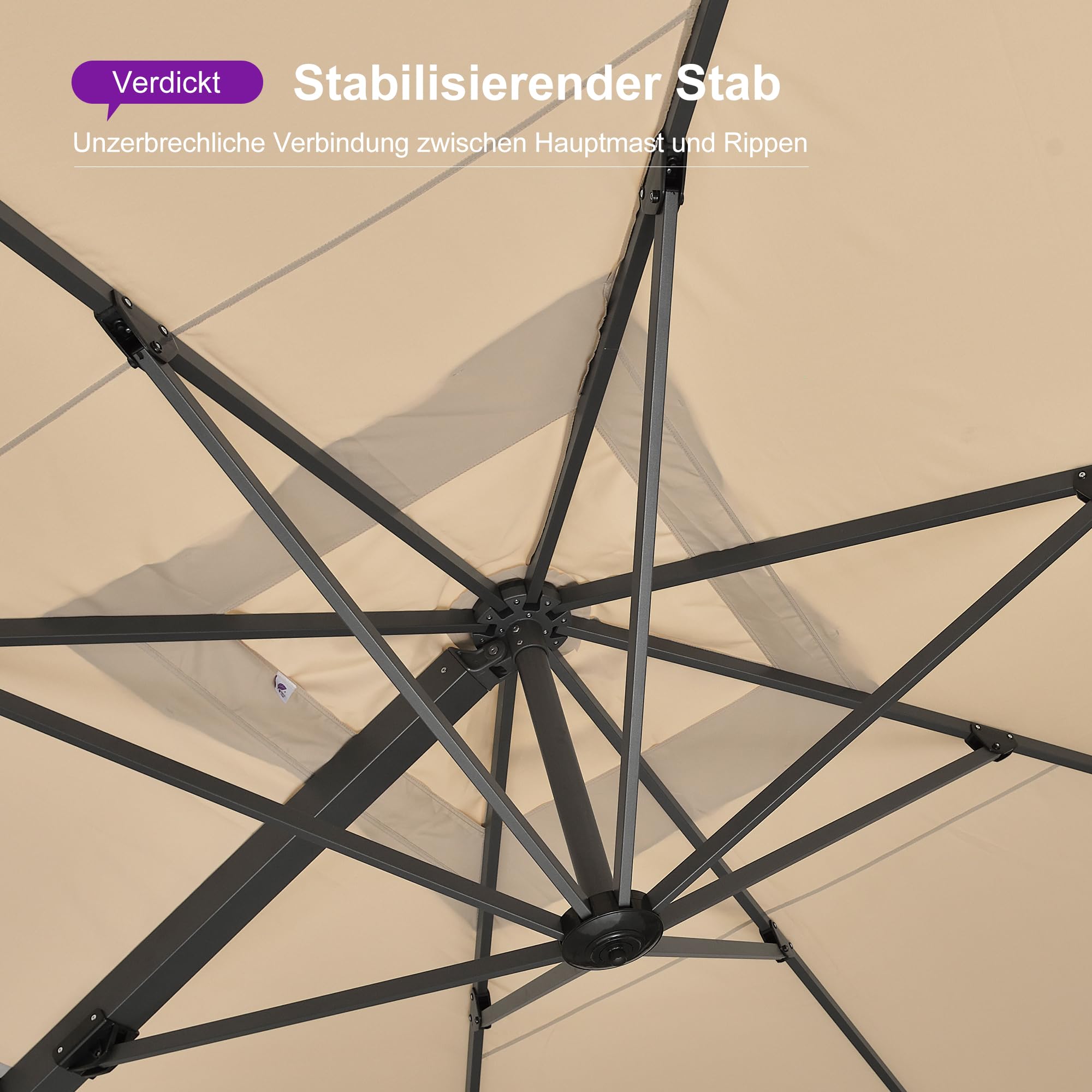 PURPLE LEAF Sonnenschirm 365 × 365 cm Eingebauter Griff Alu Groß Beige | Große Schattenzone, Verdickter Schirmmast, mehr Stabilität, 360° Flexibilität, Vielseitig Verstellbar, 240g/m² UV50+ Stoff