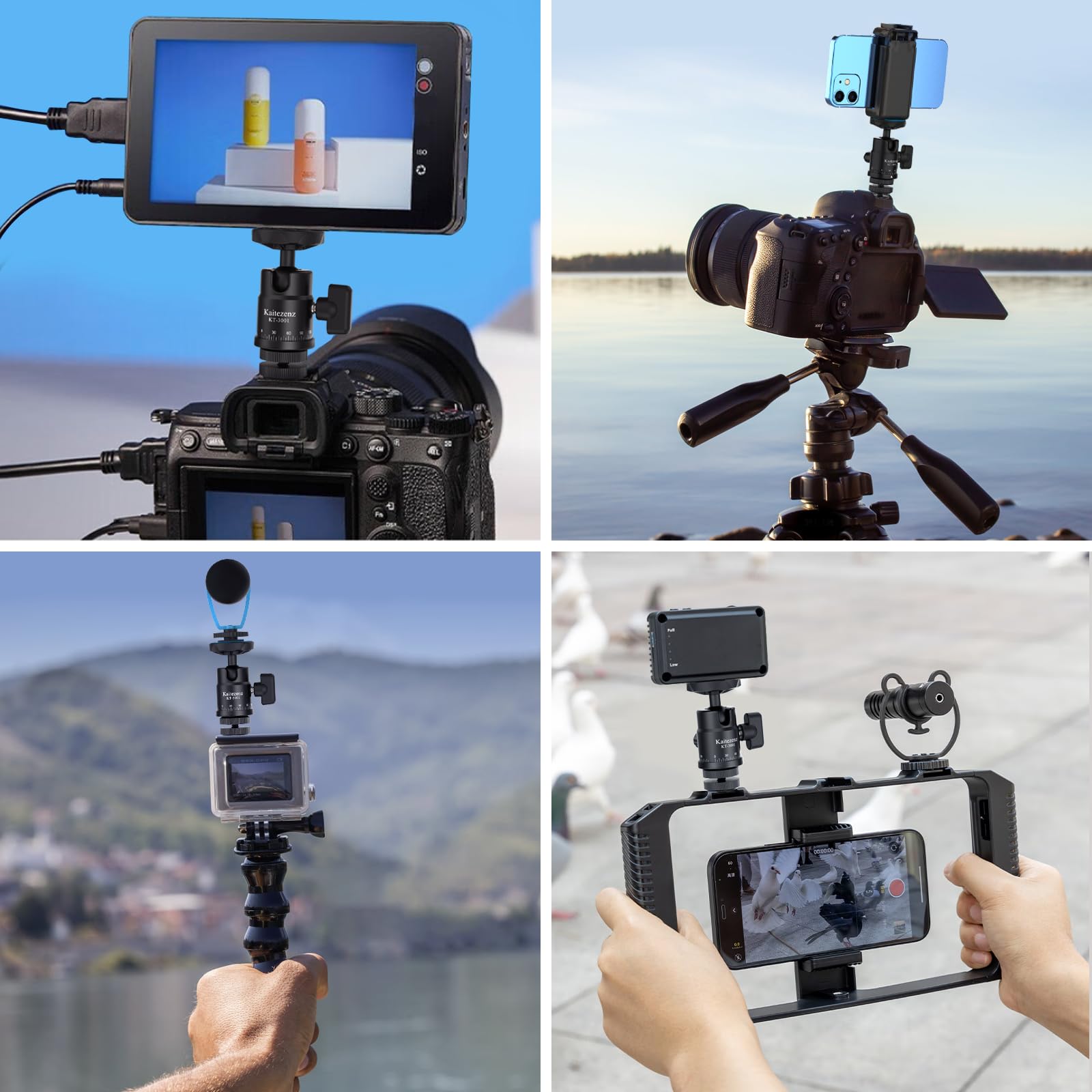 Kaitezenz Mini Ball Head, Panoramic Camera Tripod Head with 1/4" Screw and Dual Hot Shoe Mount, 360 Rotatable Metal Adapter for DSLR Camera Tripods Monopods Camcorder Light Microphone, Max Load 5.5lbs