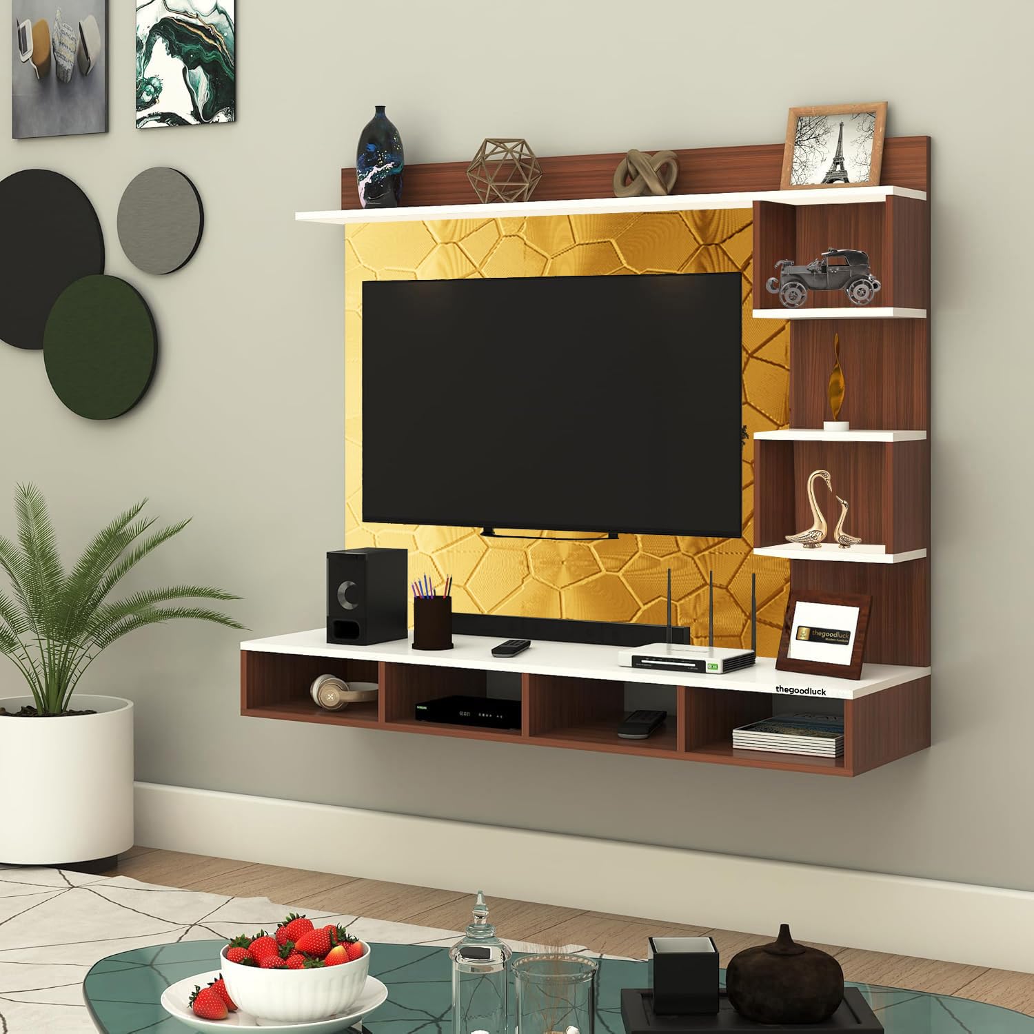 32, 43,55,65 inches Creating Happy Spaces Engineered Wood Particle Board Wooden TV Unit for Living Room | Bed Room (Gold, 32-65 Inches, with Fitting)