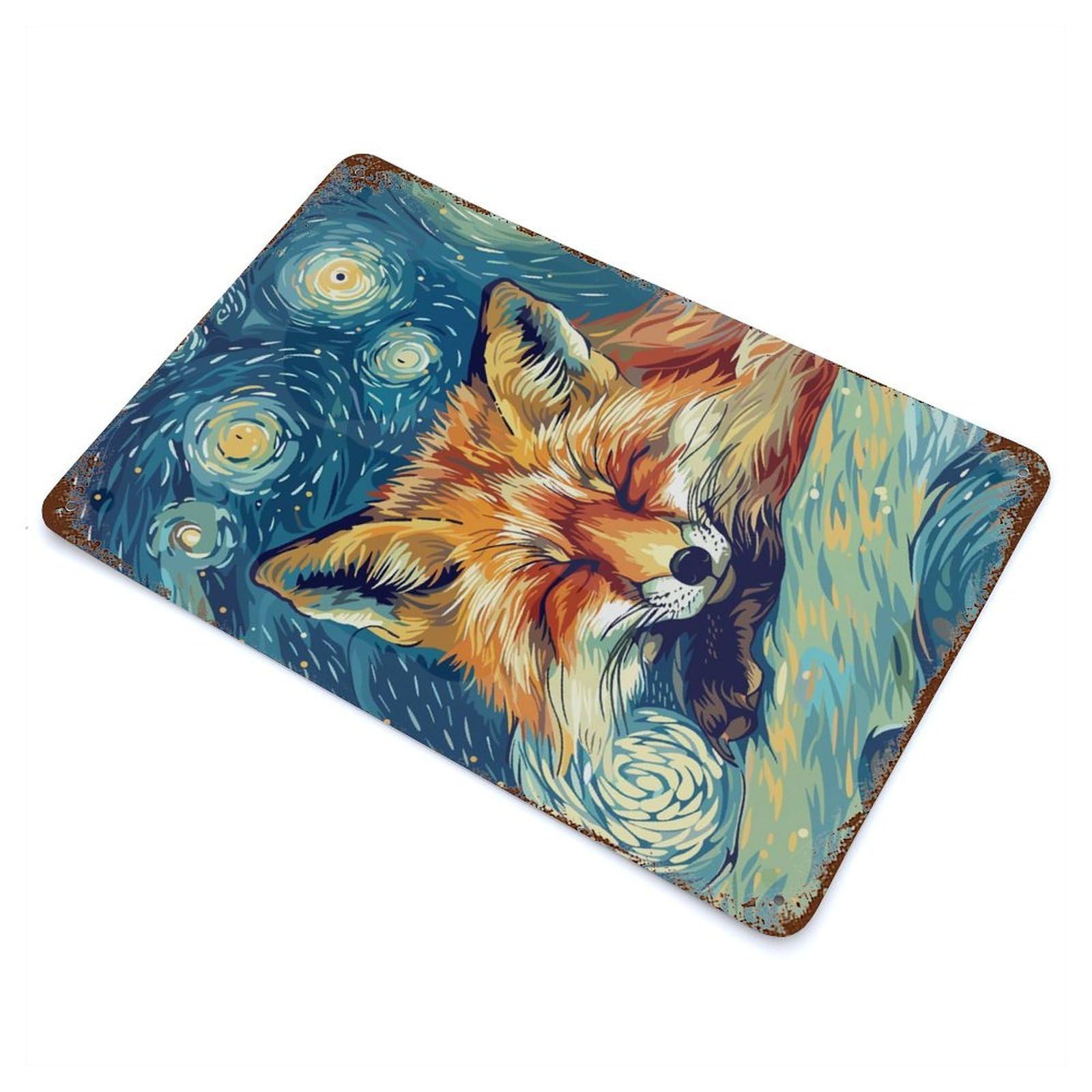 Vintage Rust Metal Sign Sleeping Fox Starry Night Art 11.8"x7.9", Shabby Chic Decor for Cafe, Home Bar And Lounge Decor