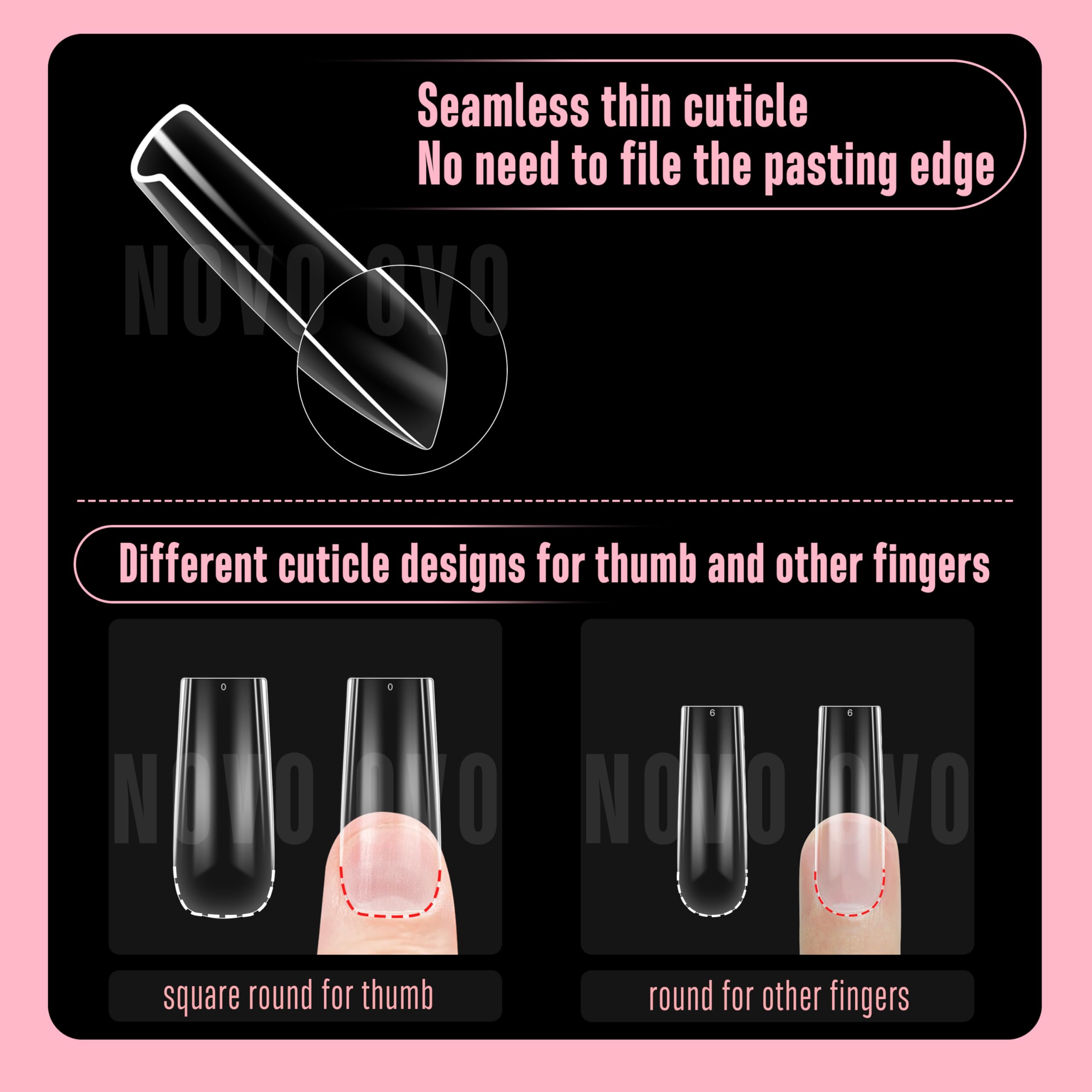 NOVO OVO Long Square Nail Tips SCULPTED (Not NATURAL) for Curved and Round Nail Beds Extra Thick L Length False Nails Press on - Image 3