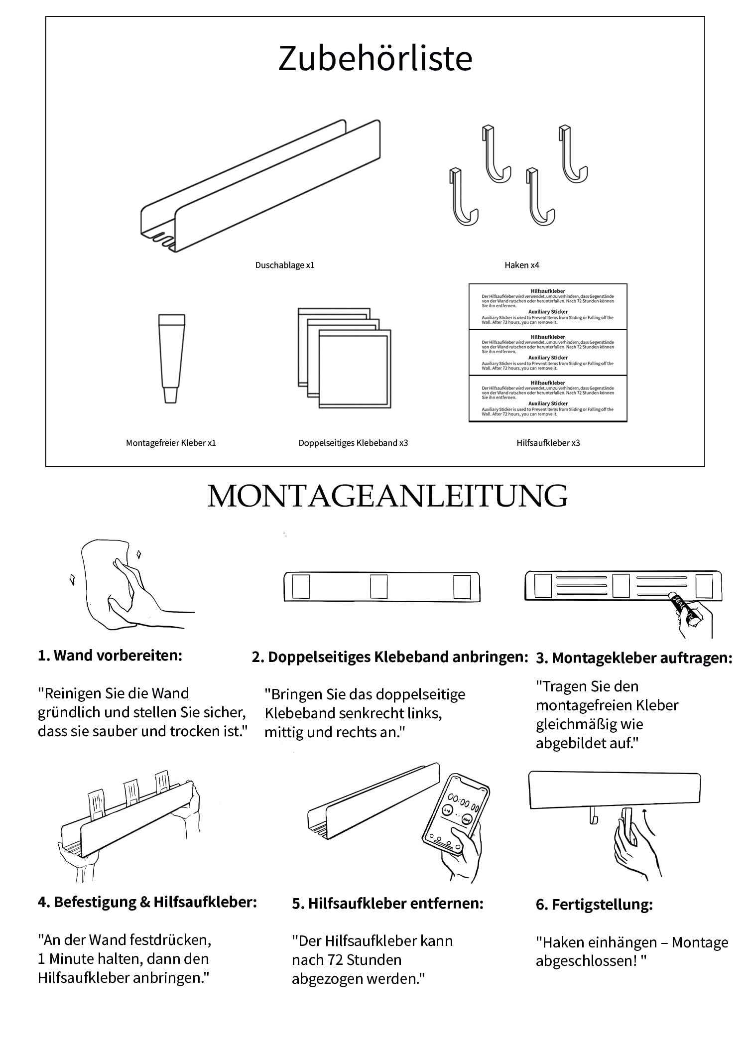 REKITA Duschablage ohne Bohren - 2 Stück, Badezimmer Organizer, Duschablage Edelstahl mit 4 Abnehmbaren Haken, Shampoo Halterung für Dusche, Hängeregal, Badregal Weiß