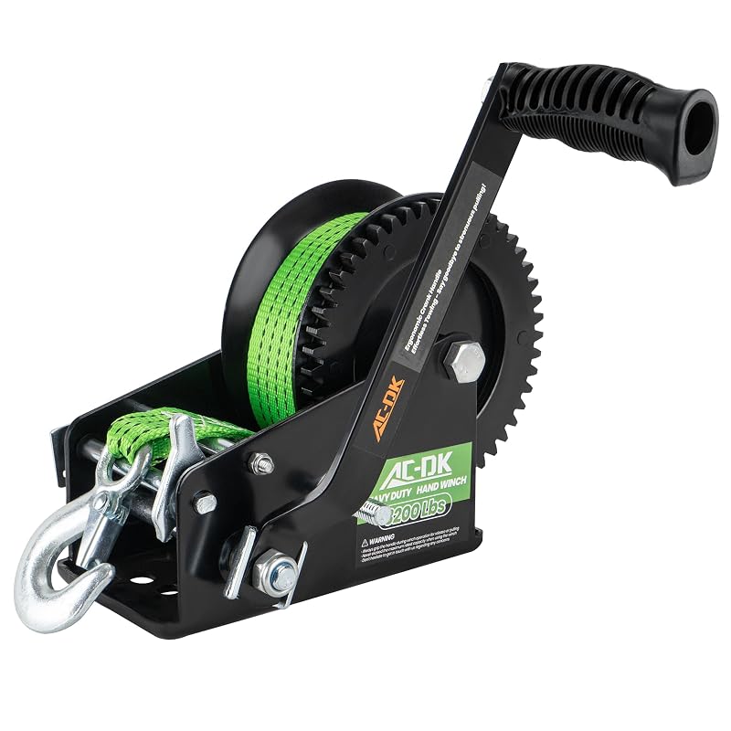 Guincho Manual para Reboque de Barco AC-DK 1.451 kg com Catraca de 2 Vias, Cinta Verde de 9,75 m e Manivela Portátil