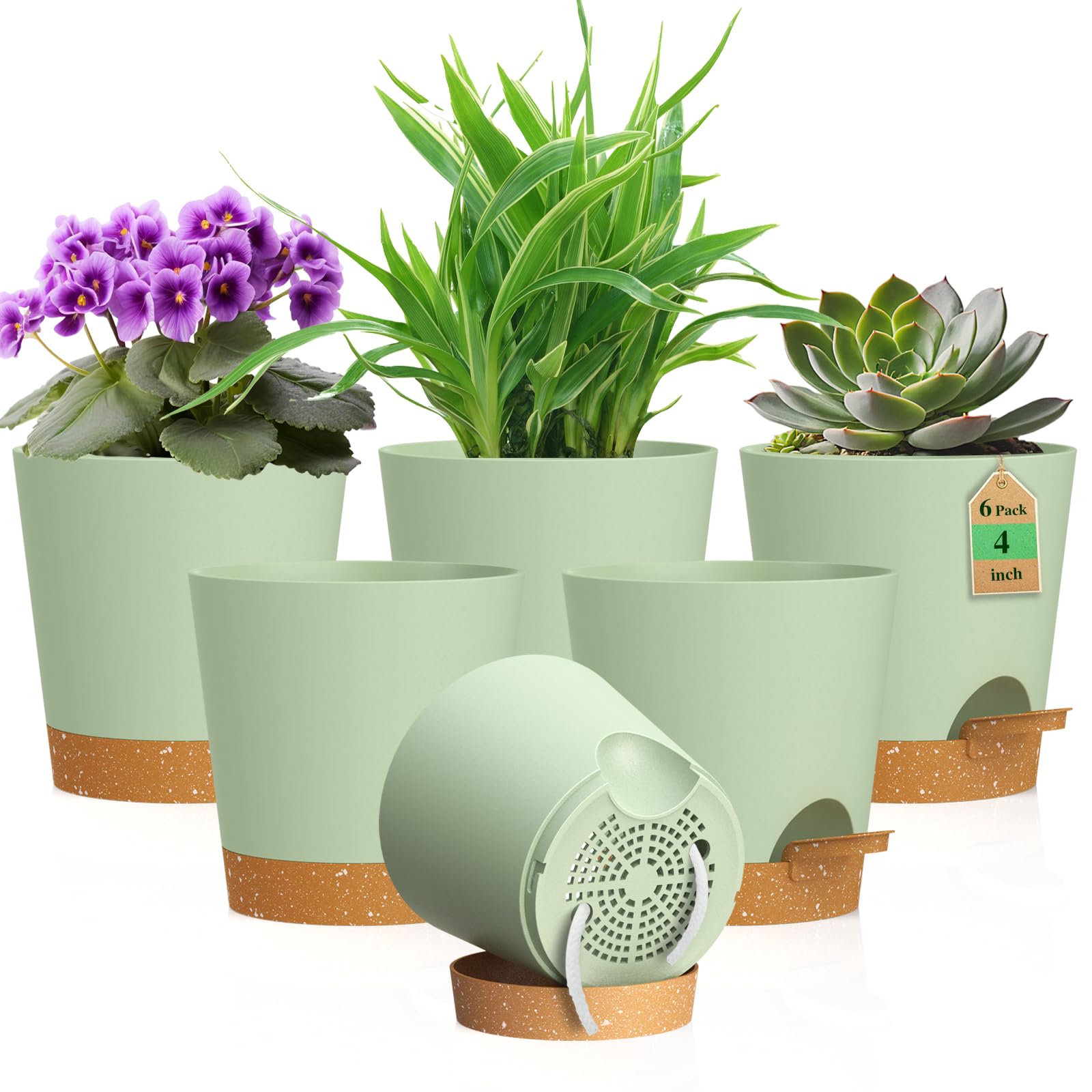 WSMKSZ 4 inch Self Watering Pots for Indoor Outdoor Plants, 6 Pack Plastic Flower Planters with Drainage Holes and Removable Saucers, Plant Pots with