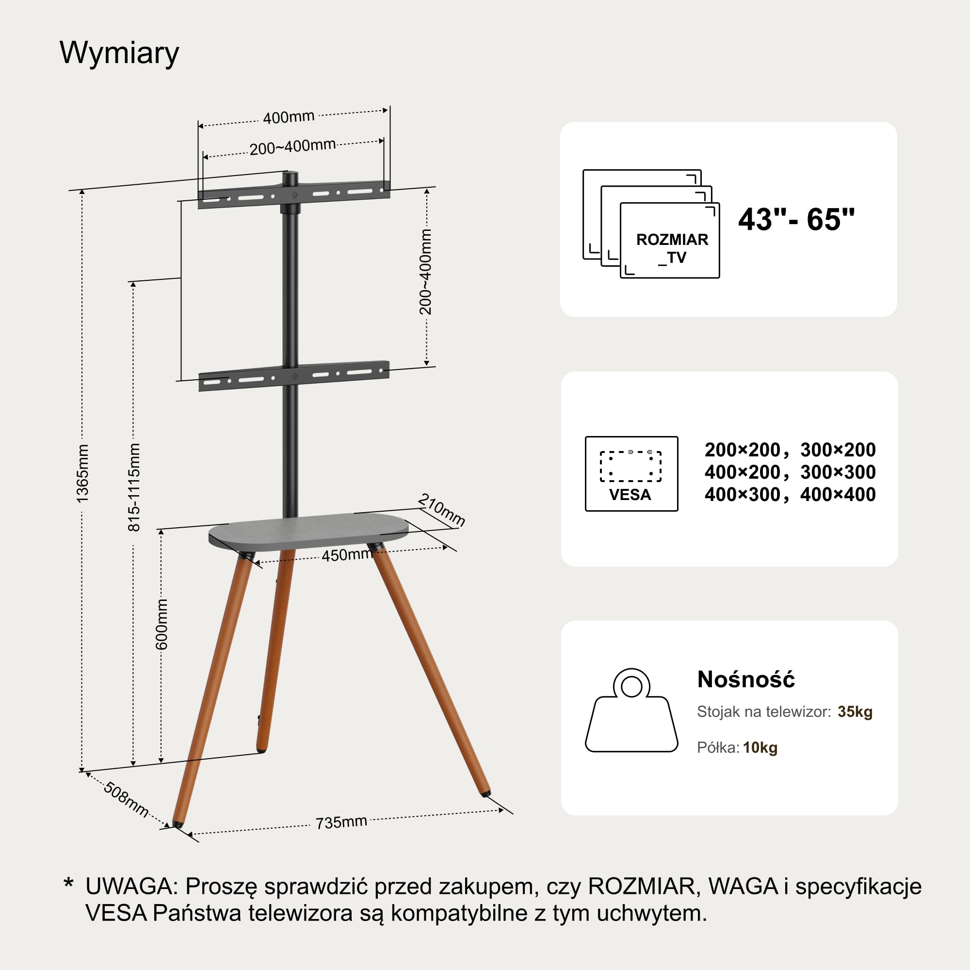 Stojak pod telewizor typu sztaluga (trójnóg) do ekranów 43–65 cali – przenośny, regulowany stojak podłogowy (narożny) z drewnianą półką, VESA 400x400 mm, minimalistyczny design, czarny orzech