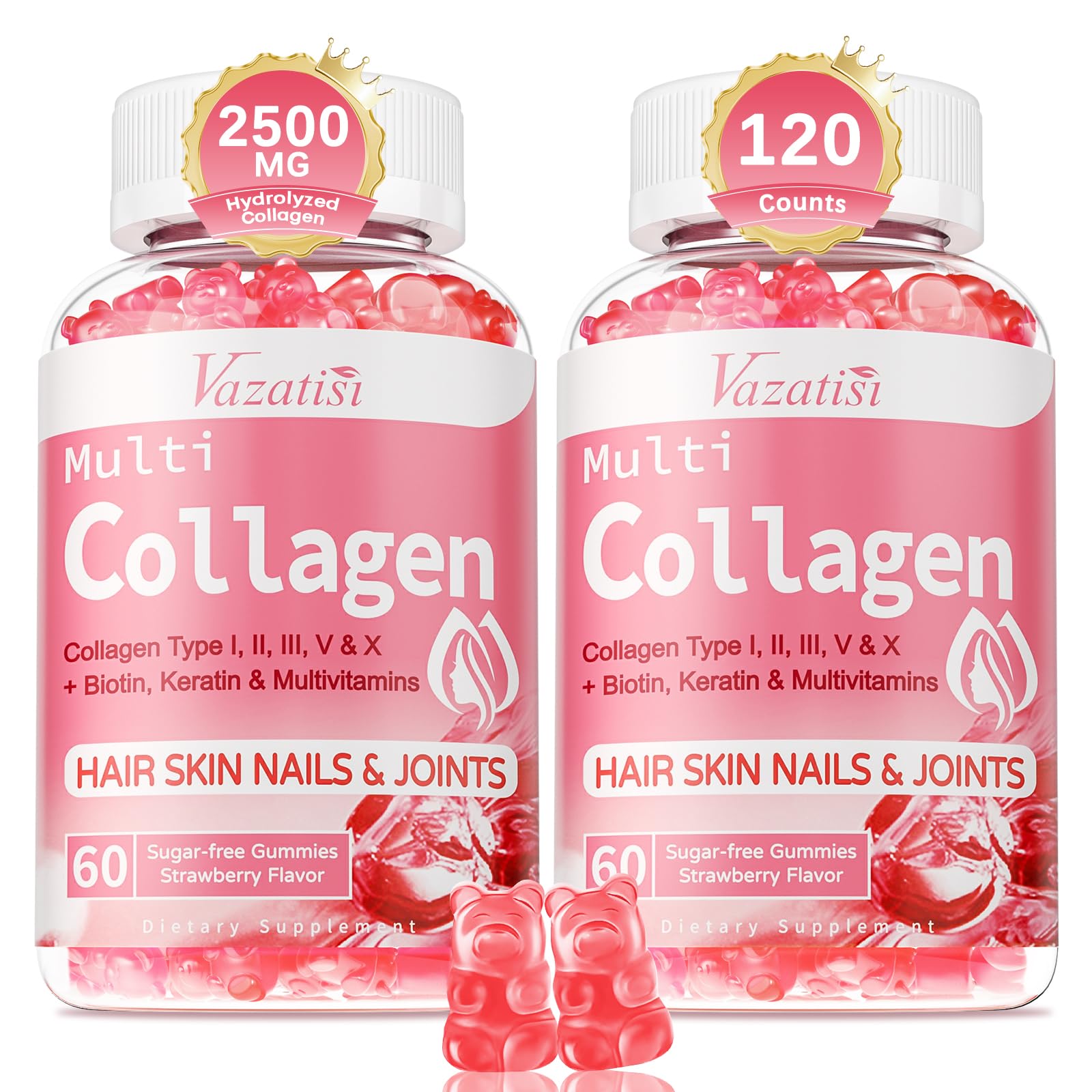 2 Pack Sugar Free Collagen Gummies for Women & Men | Hydrolyzed Collagen Peptides for Hair Skin & Nails | MultiCollagen Protein Type I II III V X with Biotin & Vitamin C | Strawberry Flavor, 120 Count