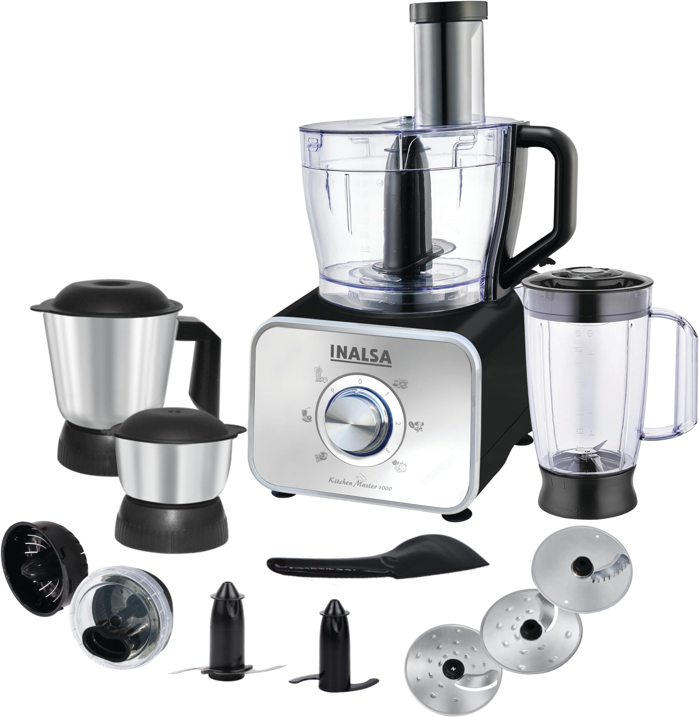 INALSA Food Processor for Kitchen with Mixer Grinder|Copper Motor |1000 Watts| 14 Function|2 Juicer|Chopping & Kneading Blades|Food Grade Blender Jar|304 SS Grade Jars (Kitchen Master 1000)