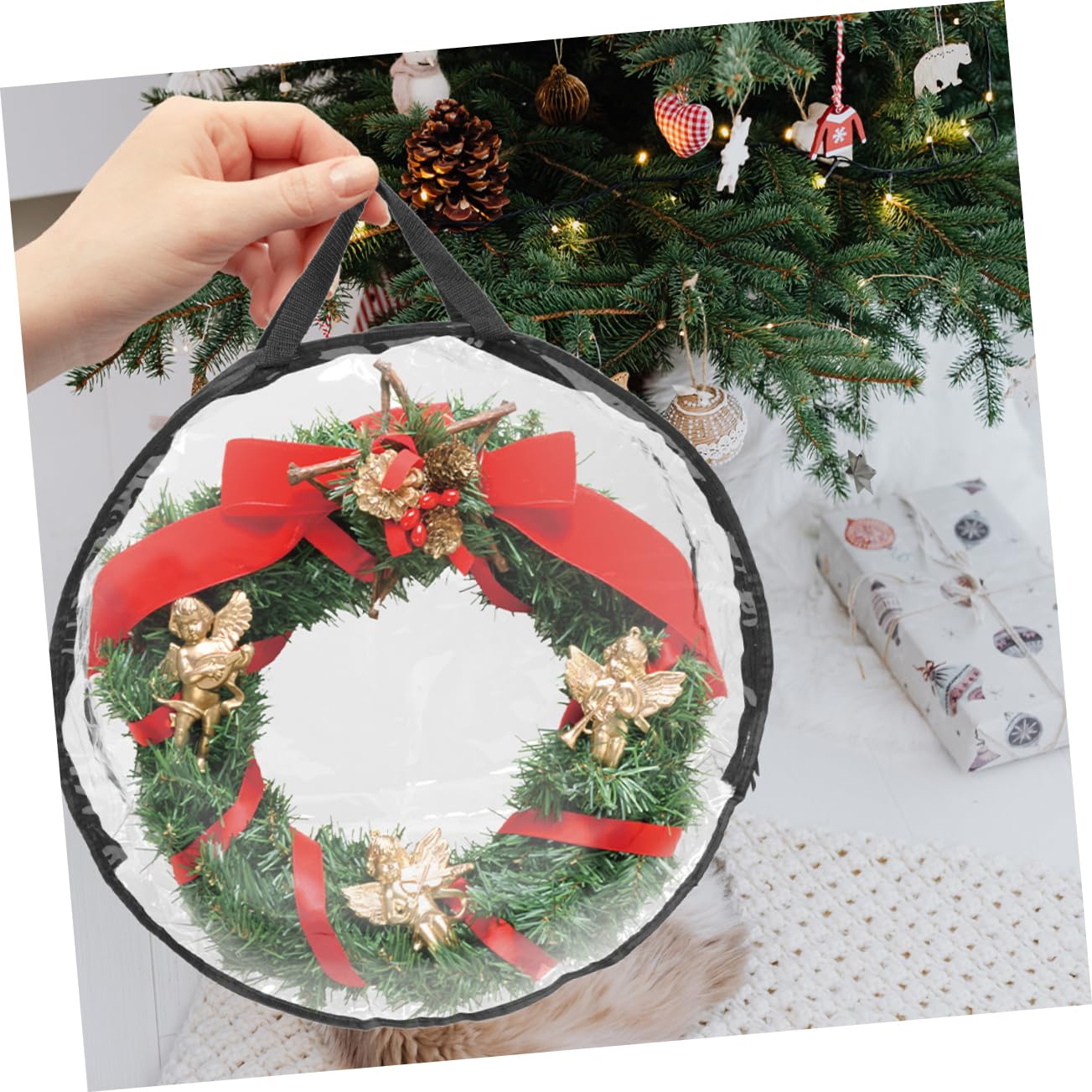 Zerodeko Xmas Wreath Container 60cm Round Decorative Wreath Bag with Zipper Storage Box for Festive Decorations