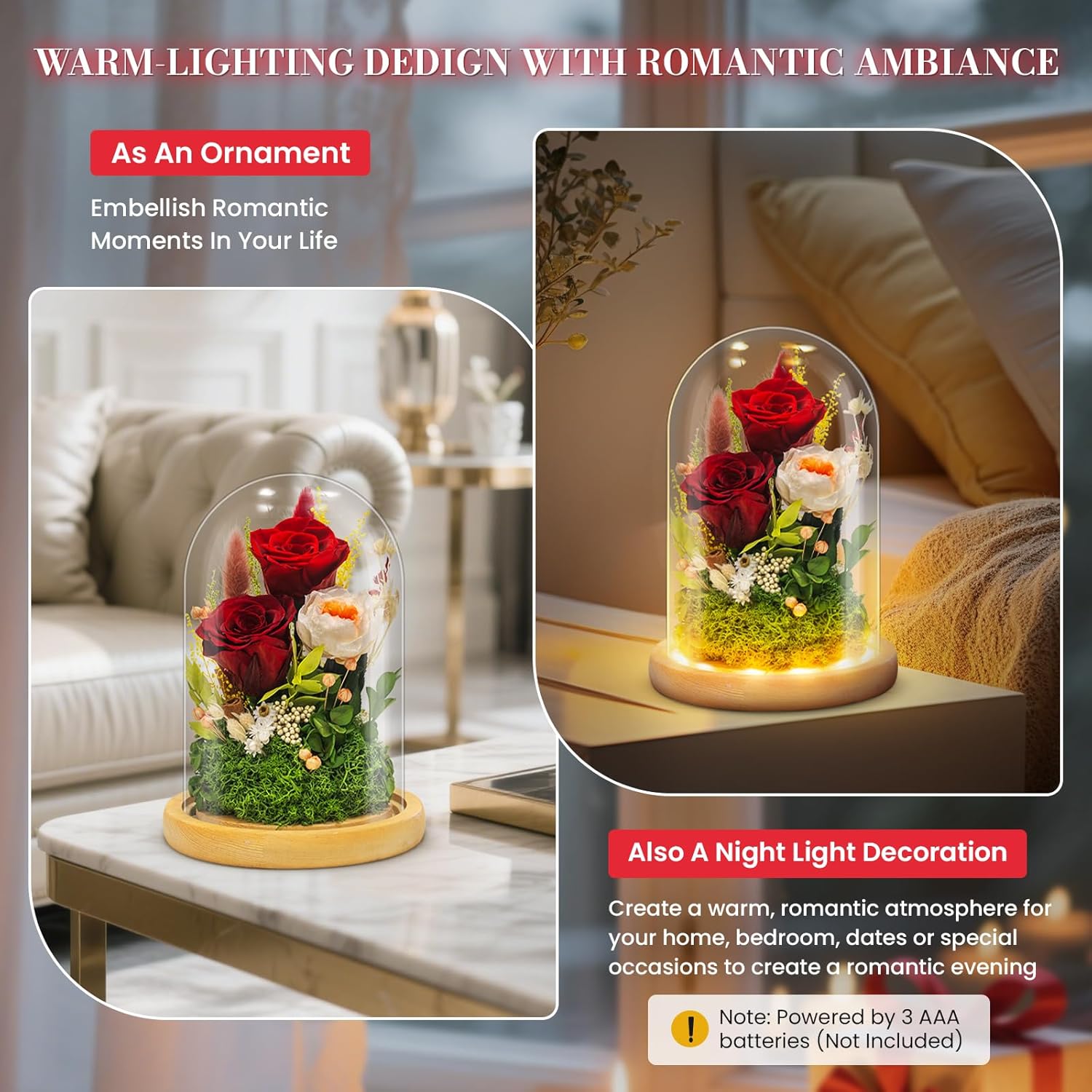 Forever Flowers Preserved Roses Prime Delivery for Women, Glass Dome Light Up Preserved Flowers, Christmas Anniversary Thanksgiving Gifts for Wife Girlfriend Women Best Friend Grandma(Red) - Image 3