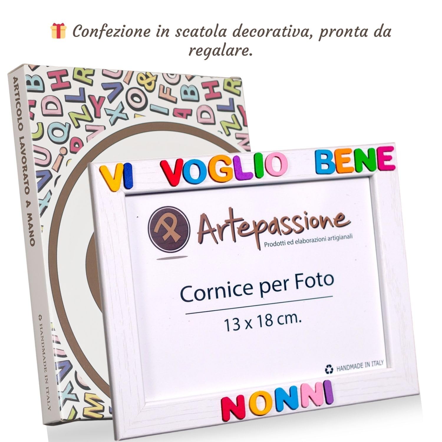 Regalo Nonni - Cornice Foto 13x18 Bianca in Legno con Scritta Vi Voglio Bene Nonni - Idea Regalo Nipote per Nonno e Nonna - Portafoto da Appoggiare o Appendere