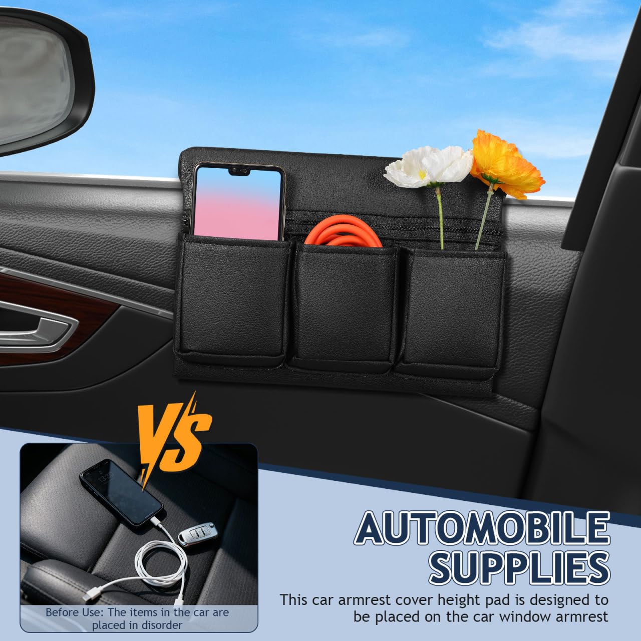 NUOBESTY Accoudoir de voiture en cuir avec sac de rangement, support pour accoudoir de porte pour téléphone portable, clés, collations, noir, 24 x 18 x 11 cm