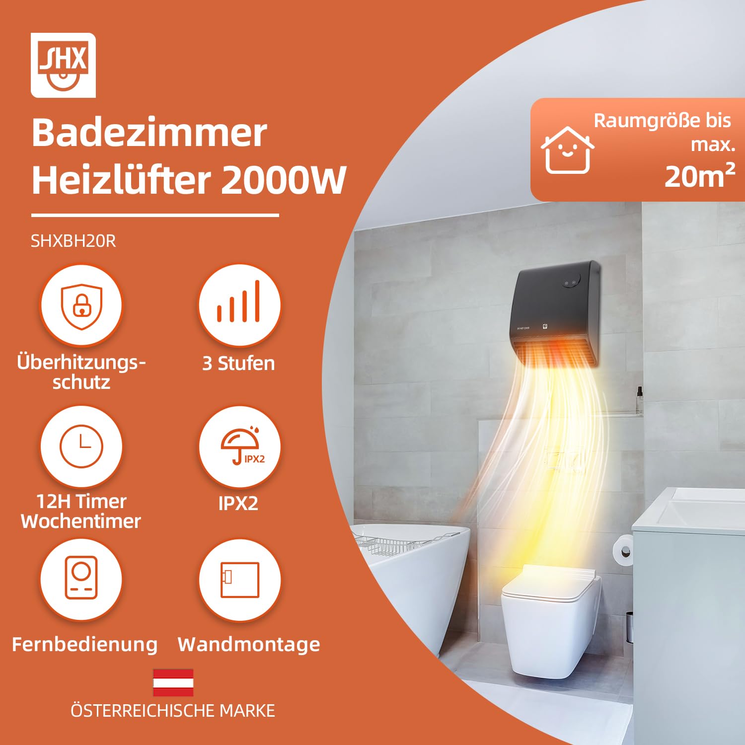 SHX Termoventilatore da bagno, 2000 W, termostato con telecomando, resistente all'acqua, sicuro in bagno, nero