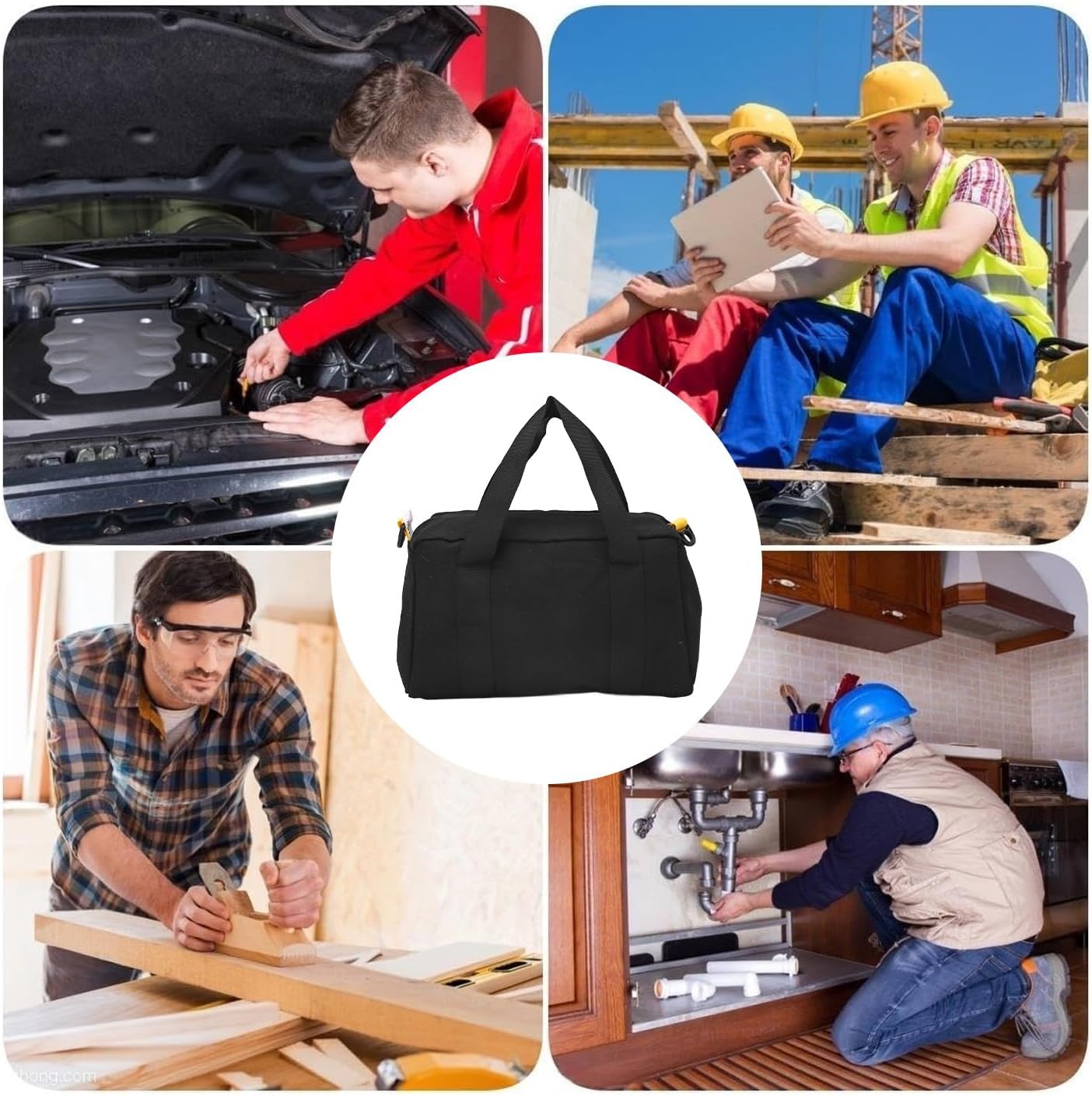 Tool Bag 12 Inch Canvas Wide Mouth Tool Bag Large Capacity Tools Storage Bags Black Waterproof Electrician Toos Pouch with Compartment, Zippers Tote for Wrench Screwdriver Pliers