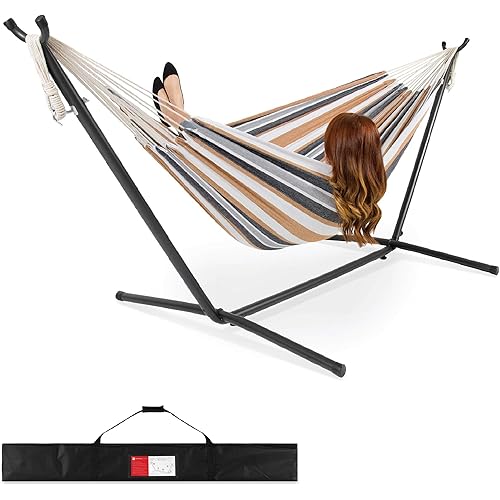 Best Choice Products 2-Person Double Hammock with Stand Set, Indoor Outdoor Brazilian-Style Cotton Bed for Backyard, Camping, Patio w/Carrying Bag, Steel Stand, 450lb Weight Capacity - Desert Stripes