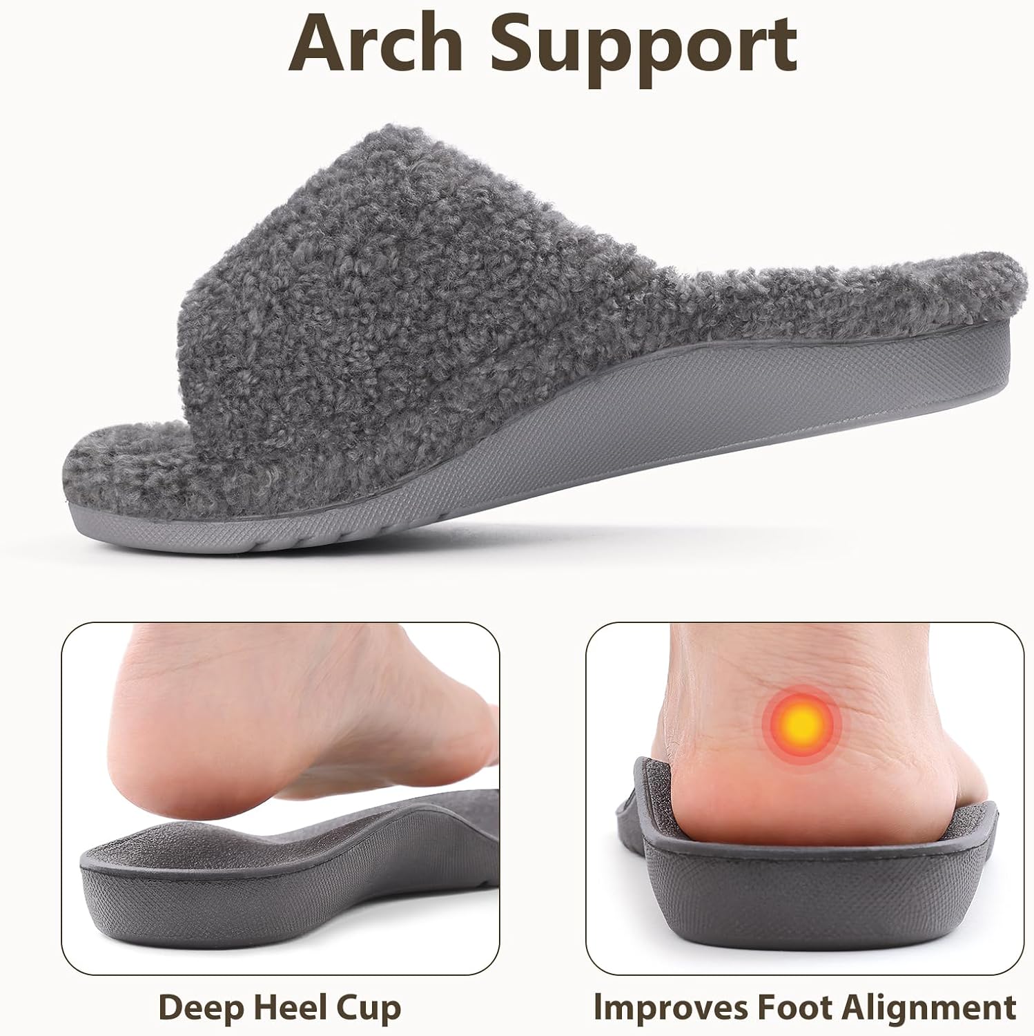 Litfun Womens Fuzzy Arch Support Slippers Orthopedic Comfy Adjustable Open Toe House Shoes, New Grey 40 - Image 3