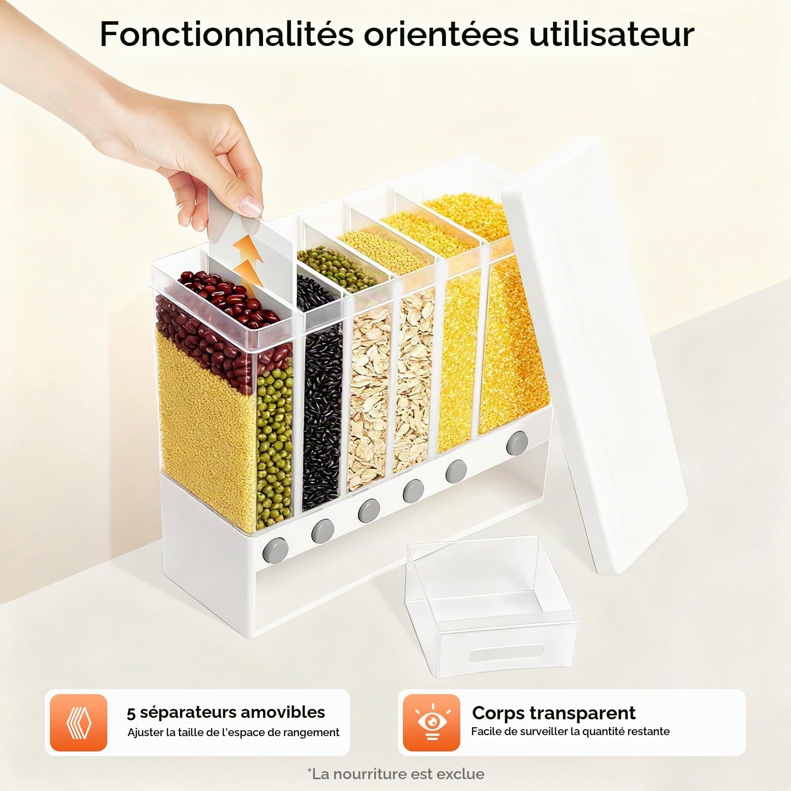 Distributeur Céréales 6 Compartiments Réservoir Alimentaire à Grains Secs avec Tasse Boîte de Rangement pour Cuisines Stockage Hermétique pour Salles à Manger, Garde-manger