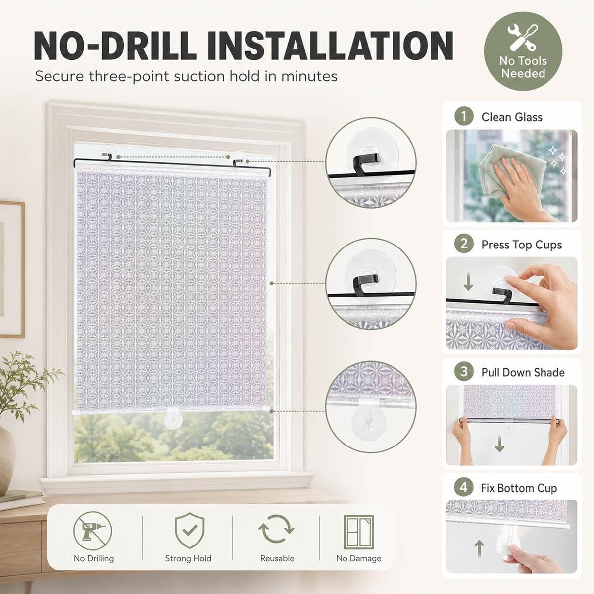 Schermo Riflettente per Finestre, Tende Retrattili con Ventose Senza Forare, Filtro Luce e Privacy Rimovibile per Cameretta Cucina Veranda Camper Van Porta Finestra(W 75 x 180 cm)