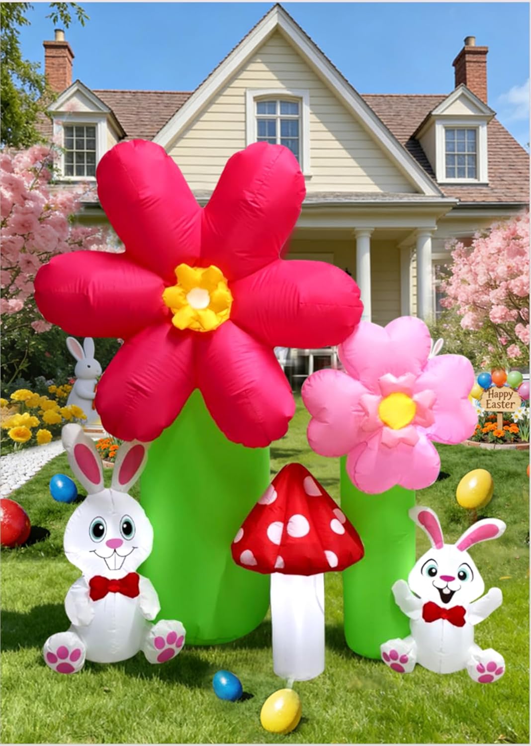 6FT Easter Inflatable Outdoor Decorations, Lighted Bunny Blow Up Yard Decoration with Built-in LED Lights, Spring Flower Mushroom Inflatable Outdoor for Lawn Garden Easter Decor (Spring Inflatable)
