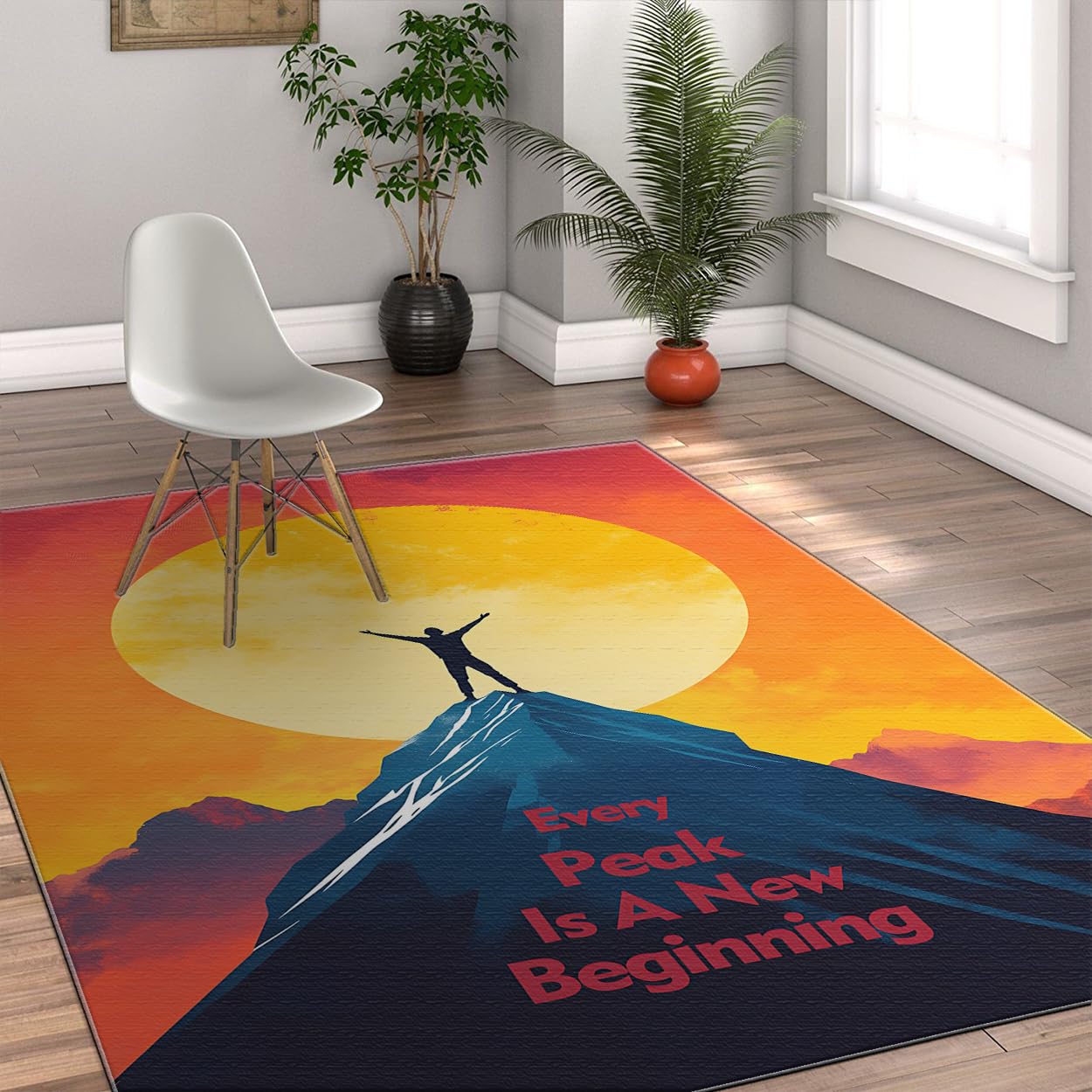 Dywan motywacyjny Mountain Peak, antypoślizgowy dywan do salonu, 160 x 230 cm, nadaje się do prania w pralce, cienki, składany dywan do sypialni, duża płaska mata, inspirujący cytat sukcesu
