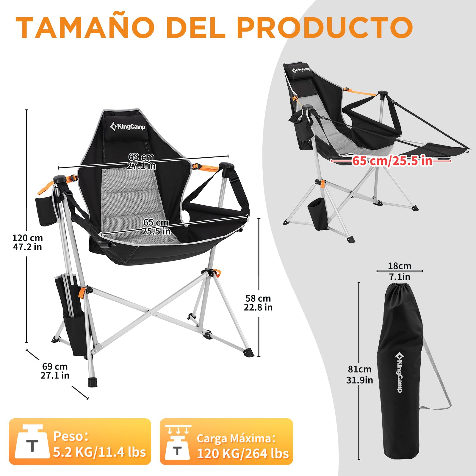 KingCamp Silla Mecedora de Camping con Reposapiés Plegable Negra | Respaldo Reclinable 90-130°, Balanceo Suave, Hasta 180 kg, Reposacabezas, Aluminio, Portavasos para Camping y Jardín
