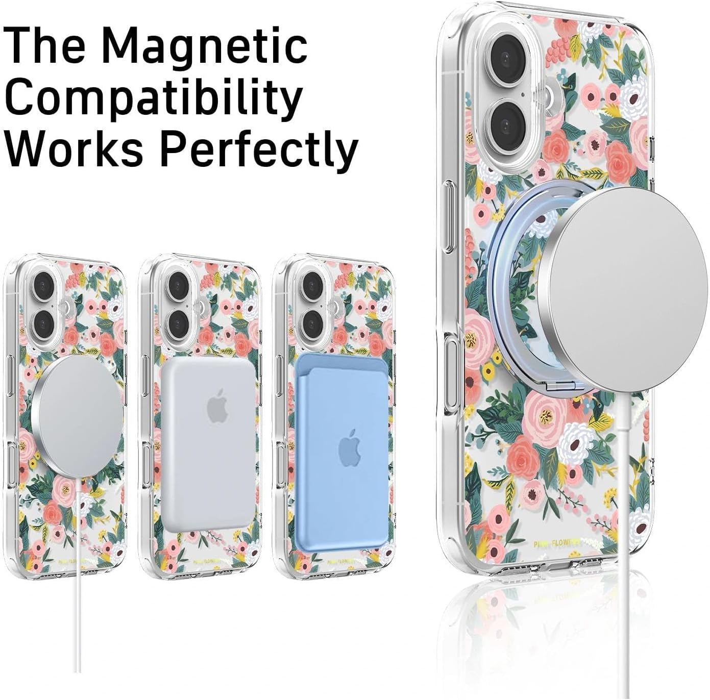 for iPhone 16 Case with MagSafe Stand Ring for Women, Cute Spring Floral Design with 360° Kickstand Holder Magnetic Shock Proof Heavy-Duty Protection Pink Flower