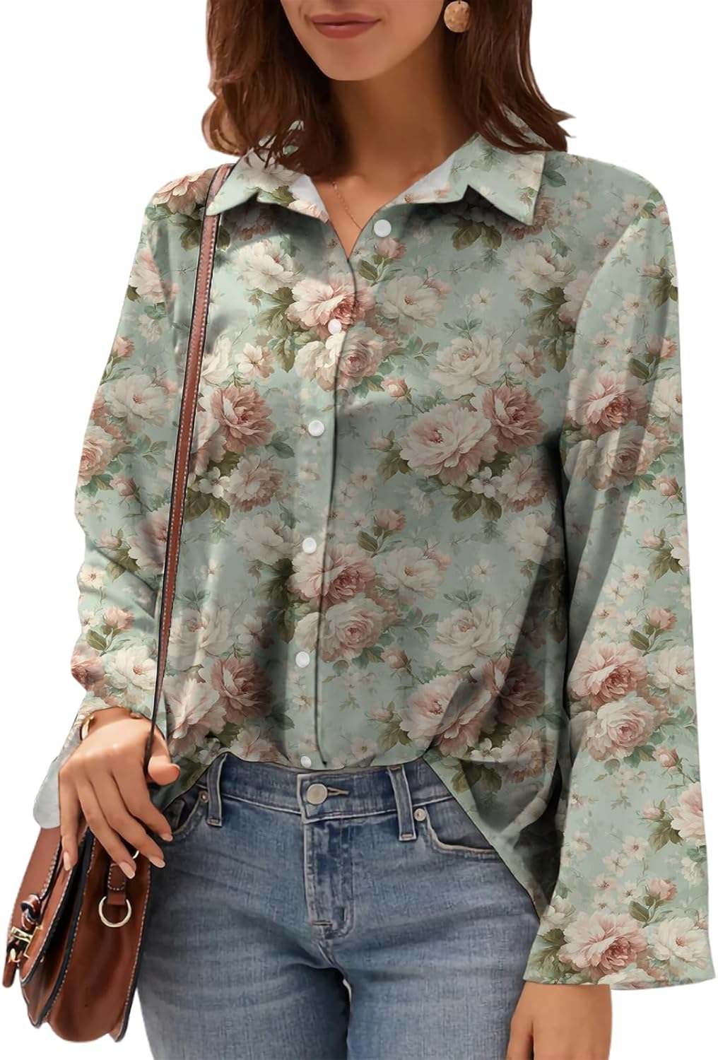 Womens Floral Print Button Down Shirt Long Sleeve Collared Blouse Dressy Casual Work Tops Loose Fit
