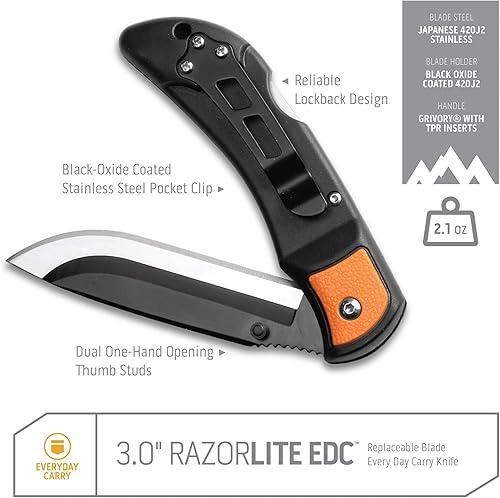 Miniatura 4 de Outdoor Edge RazorLite EDC - Navaja plegable de cuchilla reemplazable con clip de bolsillo y apertura de una mano para llevar a diario, Naranja
