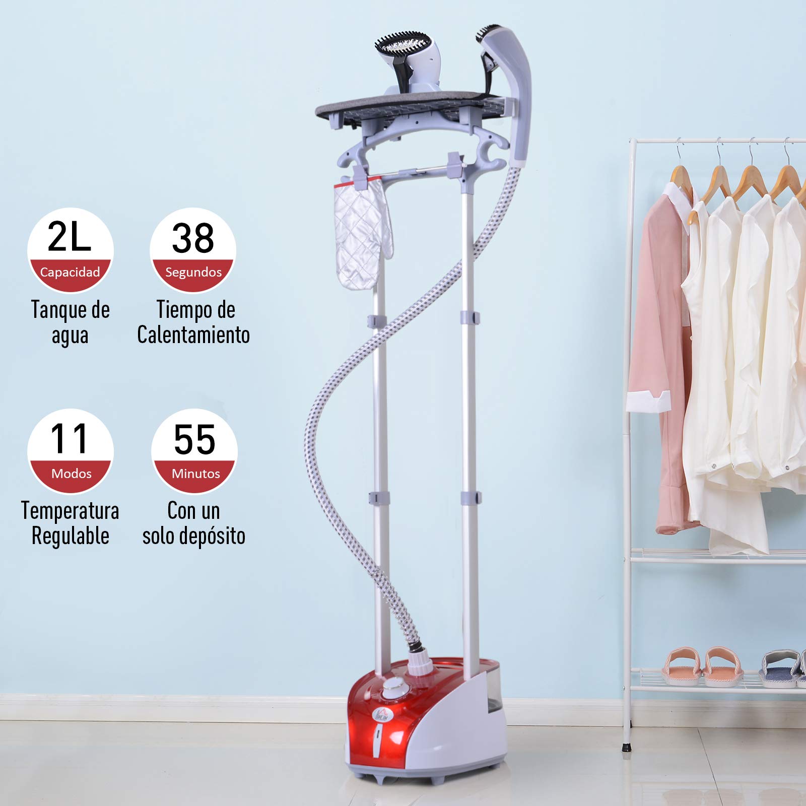HOMCOM Plancha Vertical Vapor 1950W, Depósito de 2 L, 32g/min, Plancha de Vapor Vertical con Barra Telescópica, Listo en 38s,Colgador de Ropa, Centro de Planchado para Hogar Oficina, Rojo