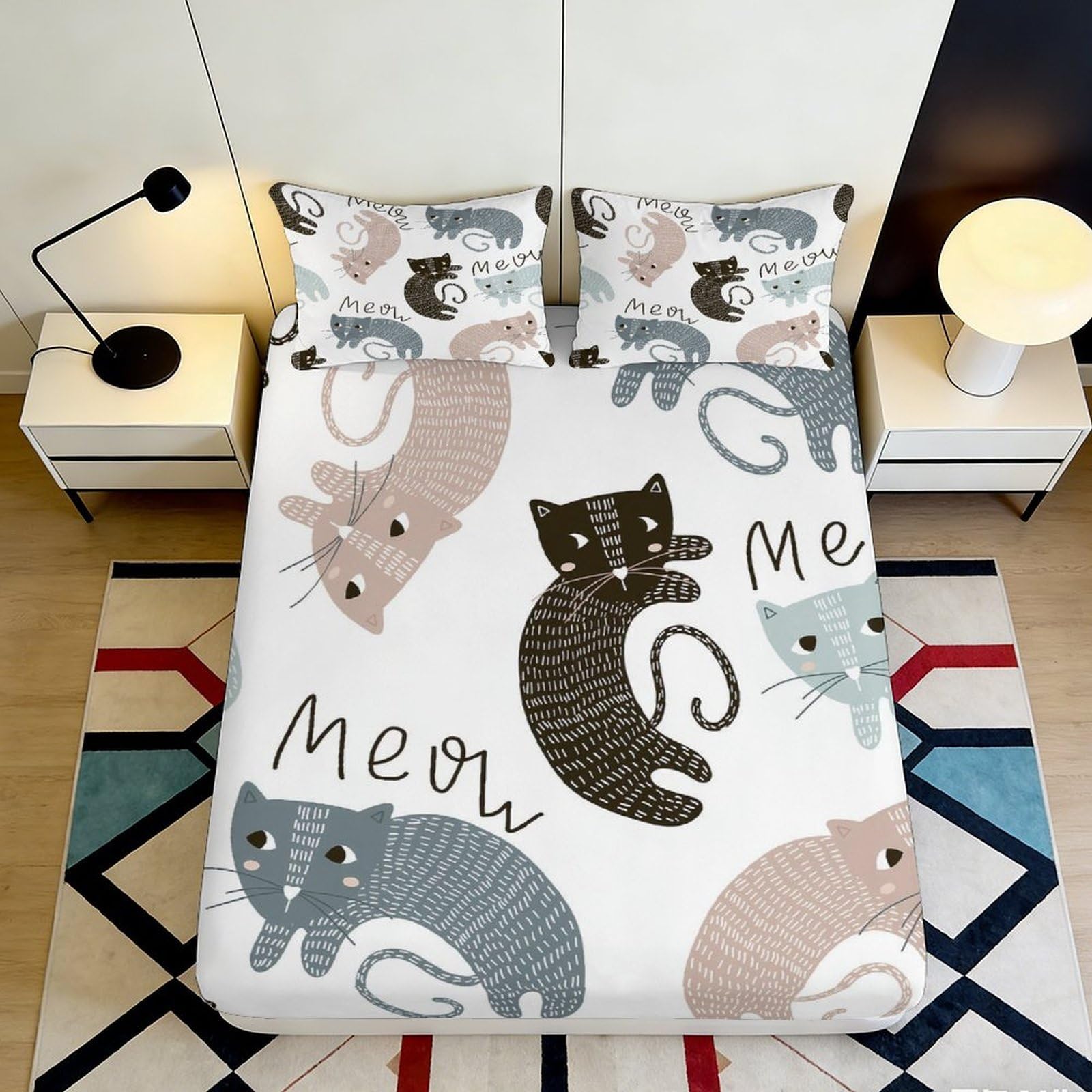 3D Printed Cartoon Cat Fitted Sheet Microfiber Soft Anti-Slip Pastel Kitten Bed Cover for Bedroom Guest Room Dorm Mattress Protection 90x200x25cm