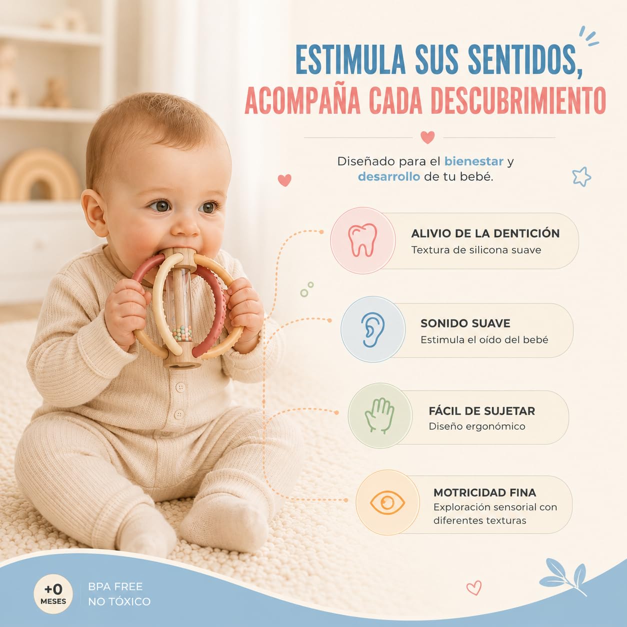 Sonajero Mordedor con Palo de Lluvia Bebe | Montessori bebe 0-6 meses y 6-12 meses | Mordedor de Silicona y Madera para Alivio de las Encias | Juguete Estimulación temprana y Tummy Time (Blue Ocean)