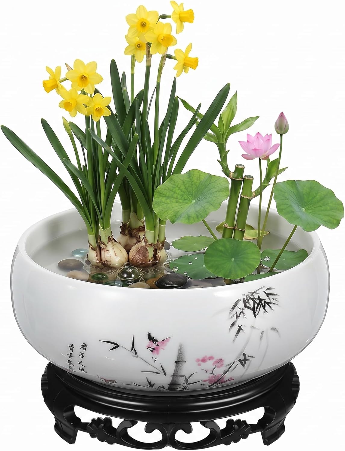 Small Ceramic Lotus Bowl Planter Hydroponic Water Lily Bowl Round Flower Planter Pottery Pot with Plastic Base Table Centerpiece Bonsai Pot for Narcissus Bonsai Succulent Indoor Home Decor, 7 Inch