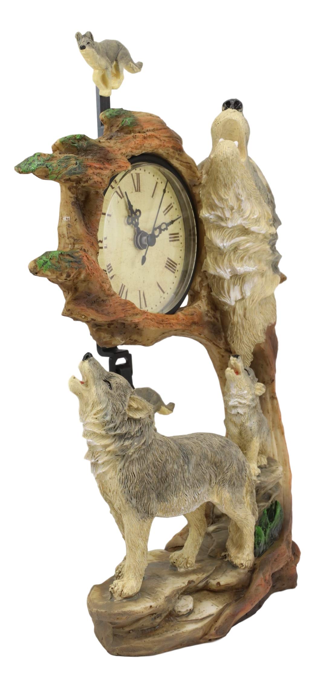 Ebros Moon Dancers Howling Gray Wolves Family Orologio da tavolo con pendolo alfa lupo e cucciolo di Tree Forest Habitat Orologio da tavolo Figurine