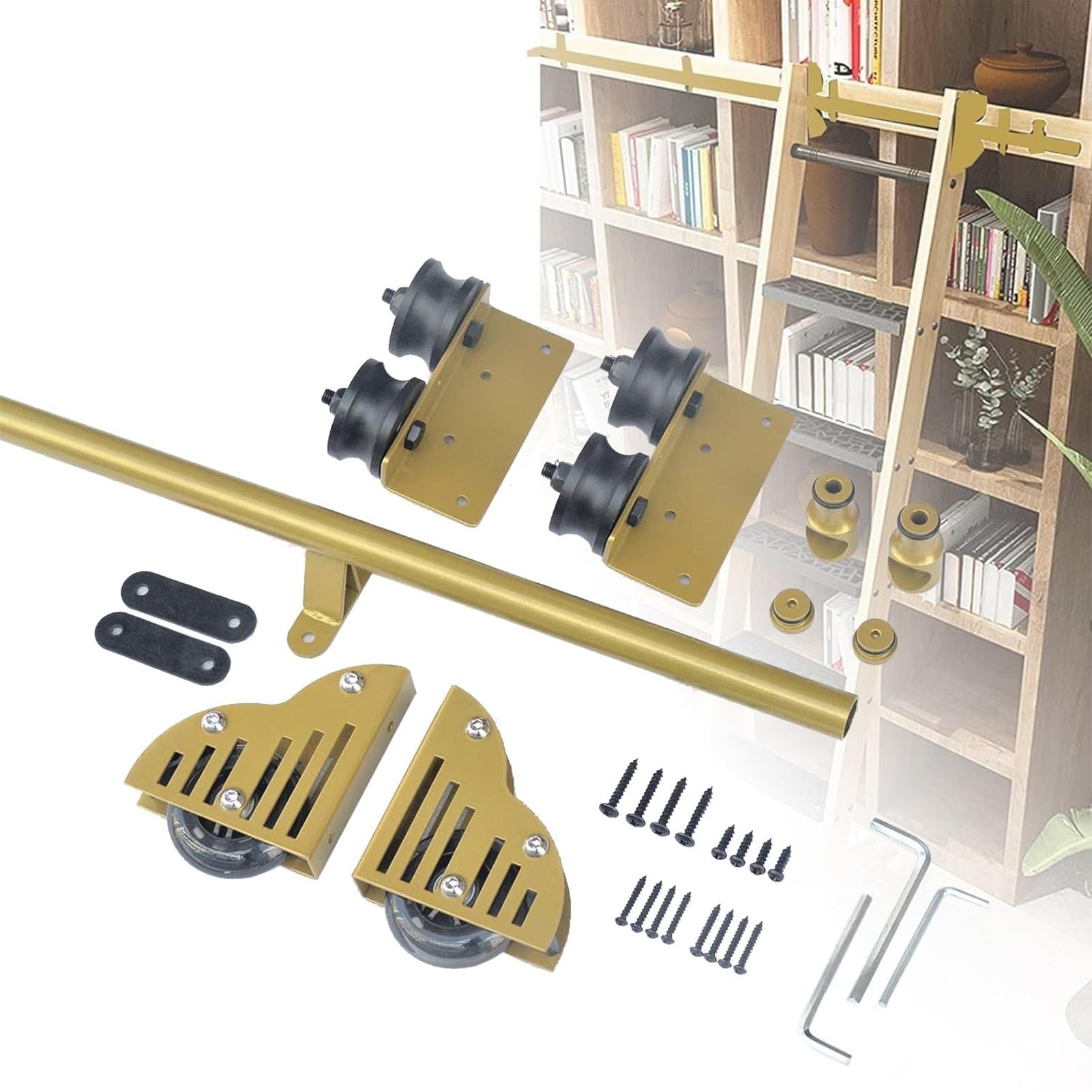 OOPDNEGAK Sliding Barn Door Track Hardware, Sliding Library Ladder Hardware Kit With Rolling Track Rail And Floor Roller Wheels For Indoor Mobile Ladders(Gold,500cm(16.4 ft) track)